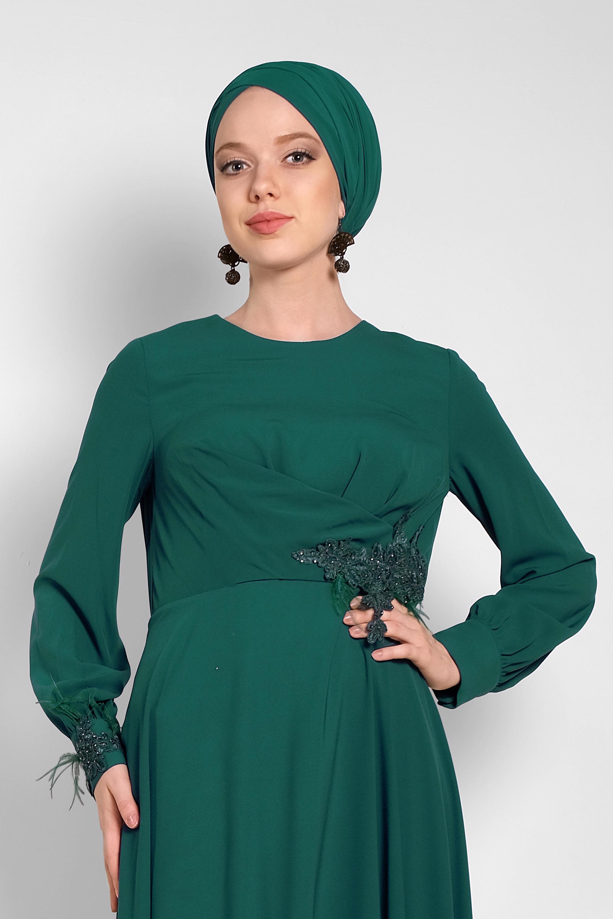Tesettür giyim YEŞİL GÜPÜR DETAYLI ELBİSE 4433