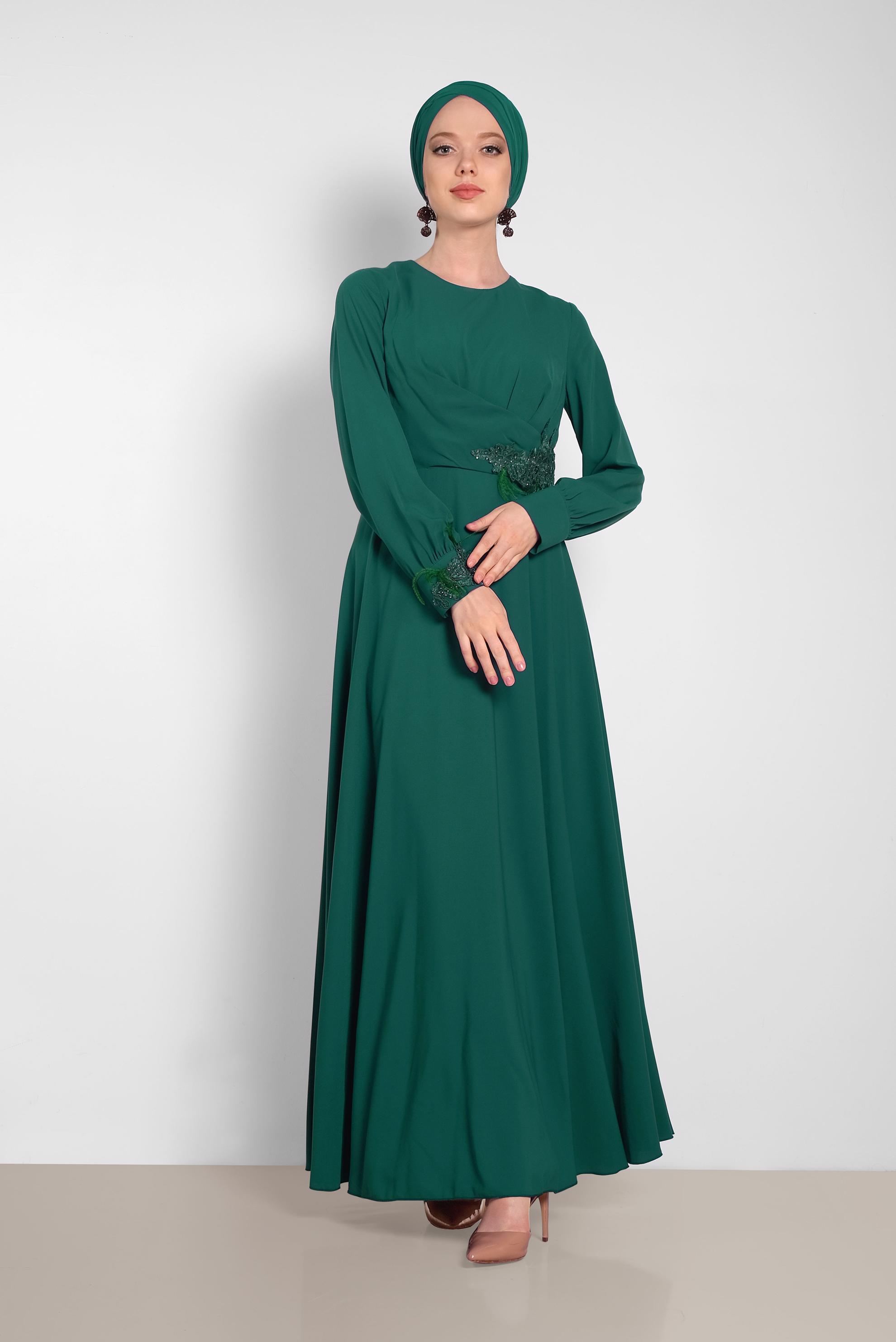 Tesettür giyim YEŞİL GÜPÜR DETAYLI ELBİSE 4433