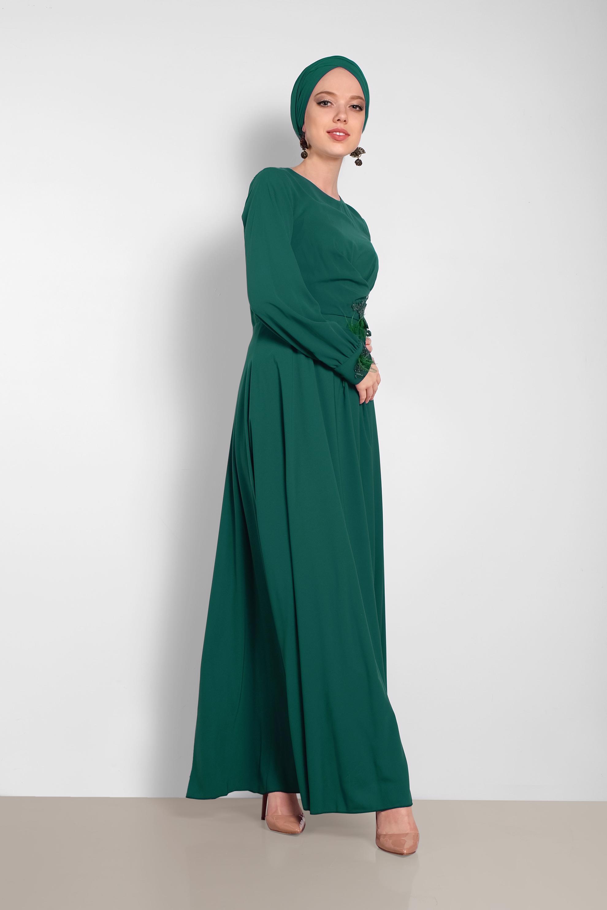 Tesettür giyim YEŞİL GÜPÜR DETAYLI ELBİSE 4433