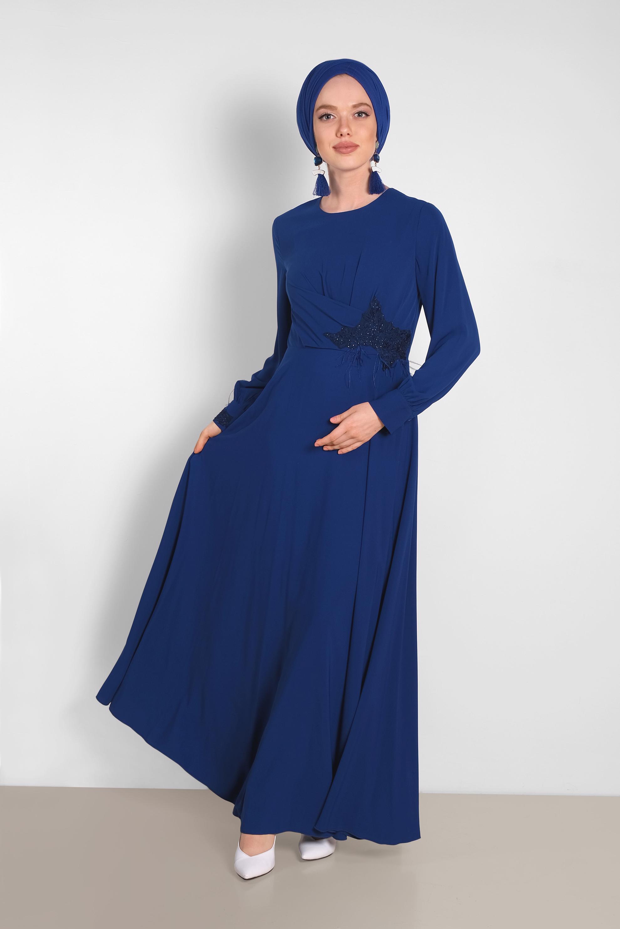 Tesettür giyim MAVİ GÜPÜR DETAYLI ELBİSE 4433