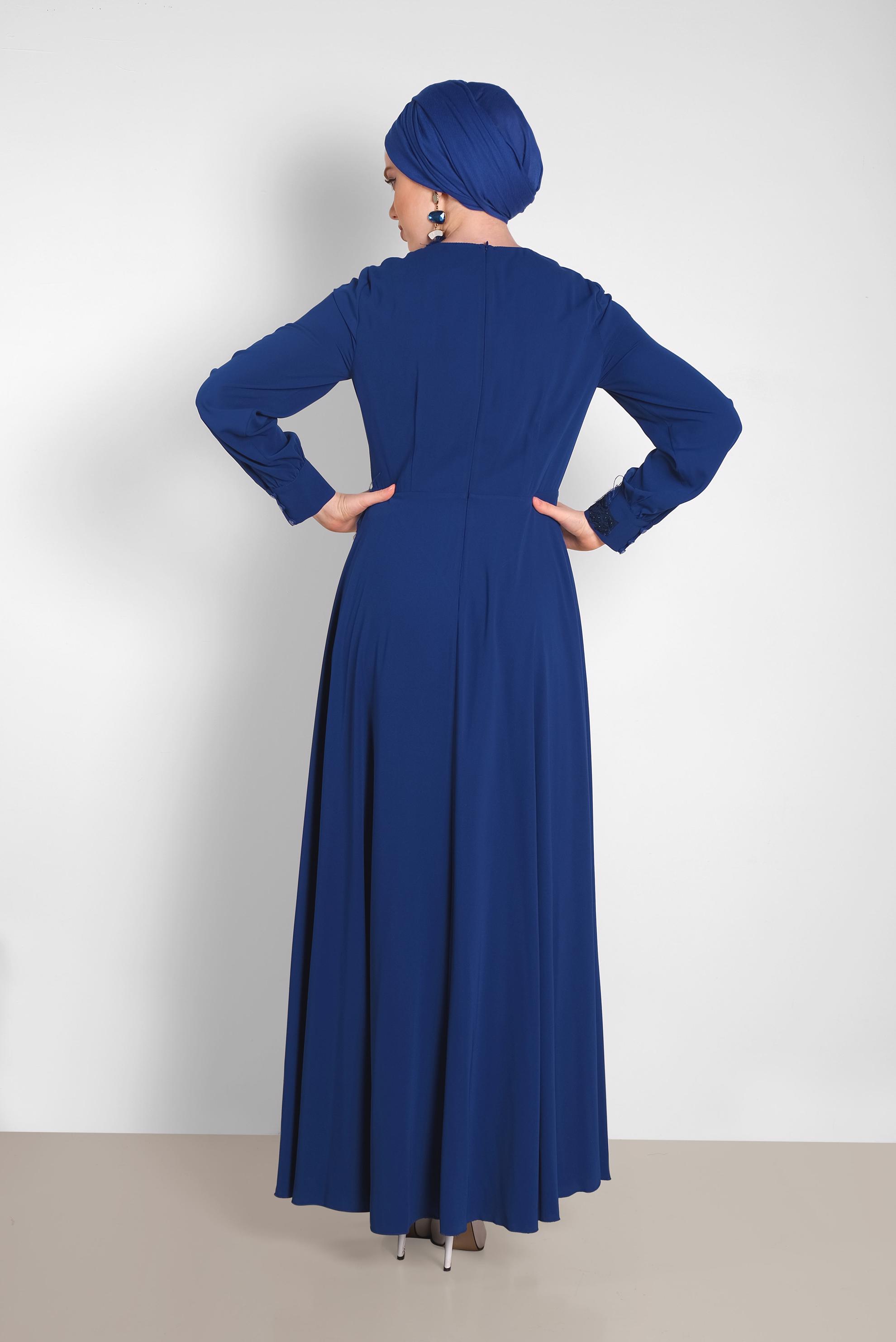 Tesettür giyim MAVİ GÜPÜR DETAYLI ELBİSE 4433