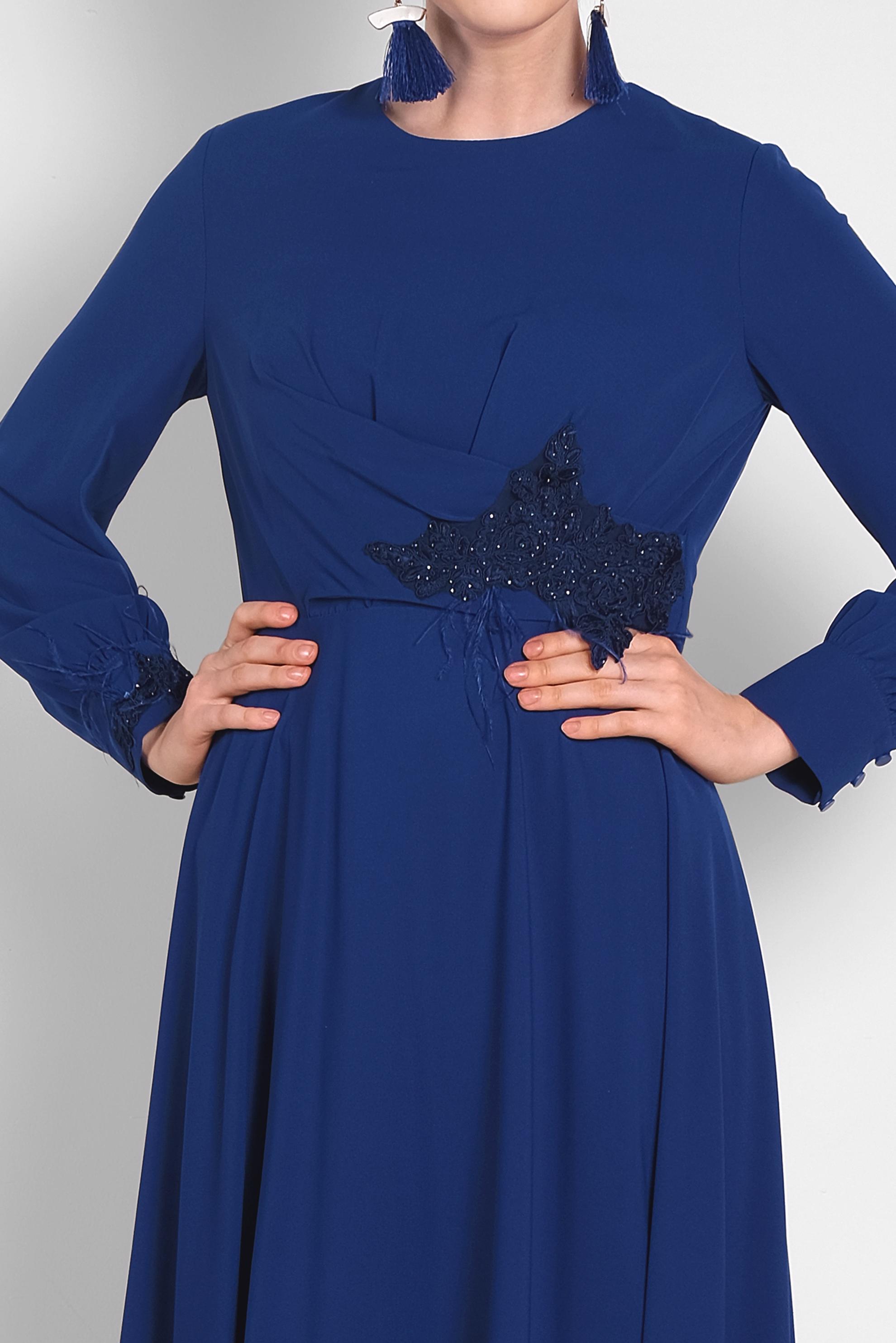 Tesettür giyim MAVİ GÜPÜR DETAYLI ELBİSE 4433