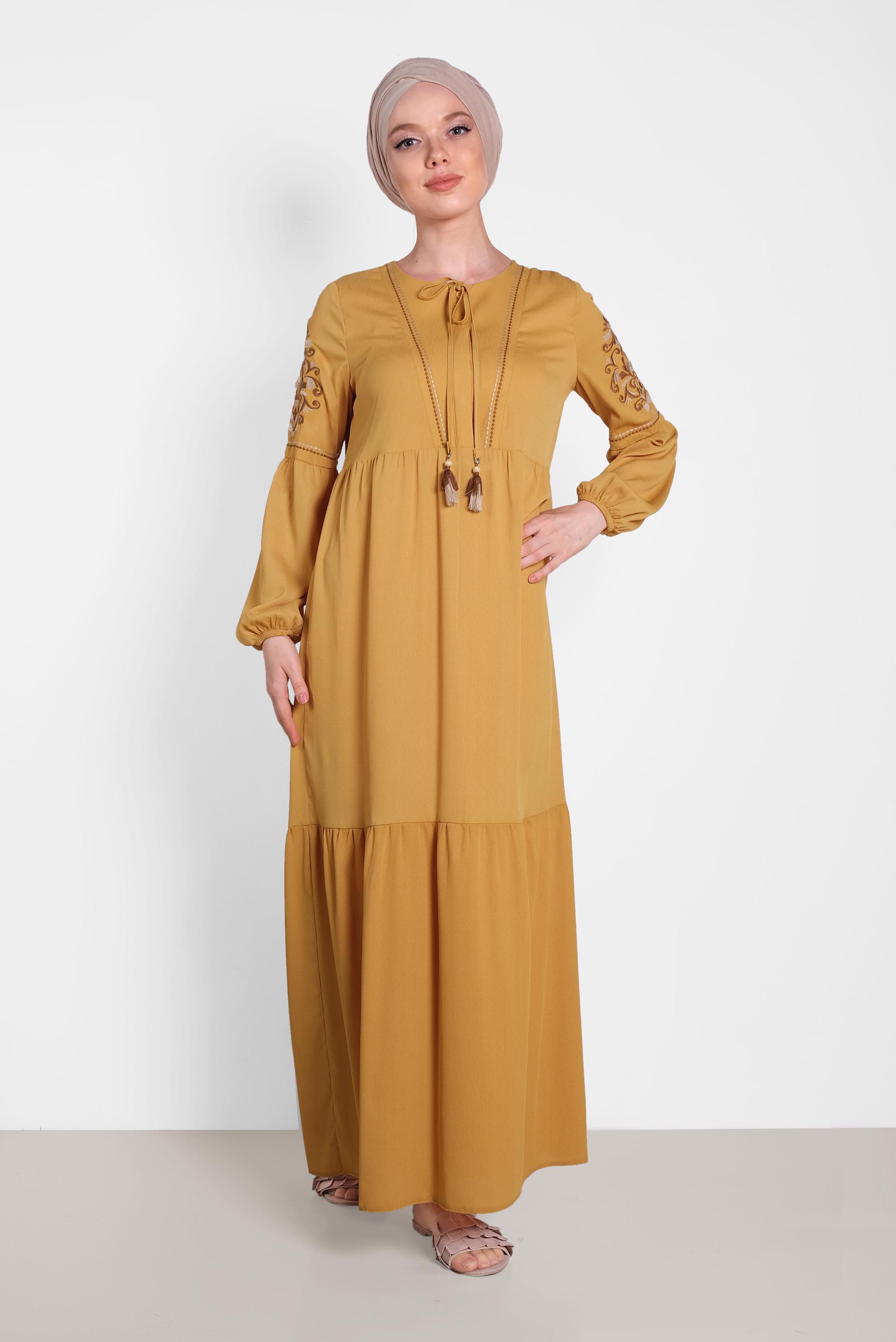 Tesettür giyim SARI KOLLARI NAKIŞLI ELBİSE 4439