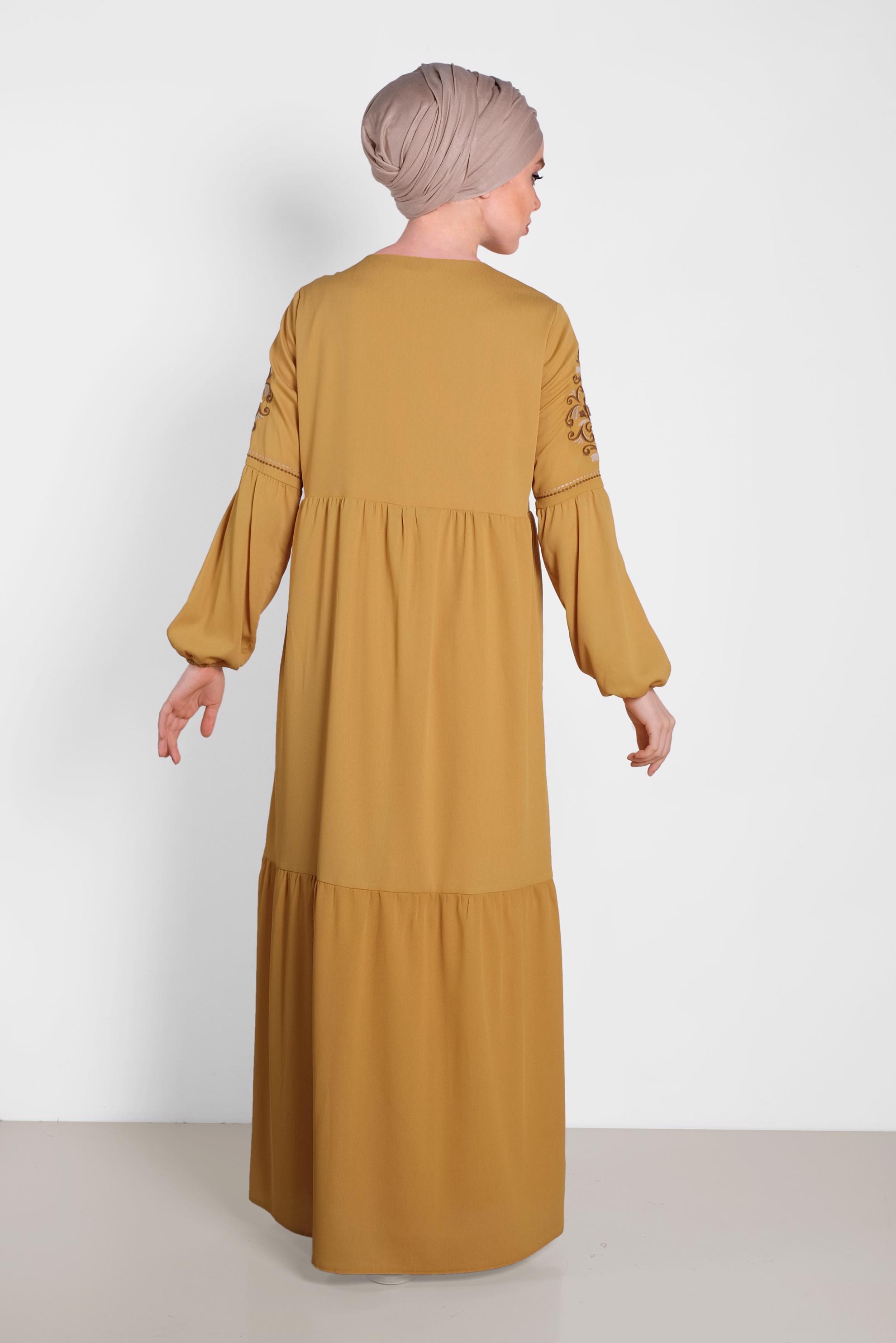 Tesettür giyim SARI KOLLARI NAKIŞLI ELBİSE 4439