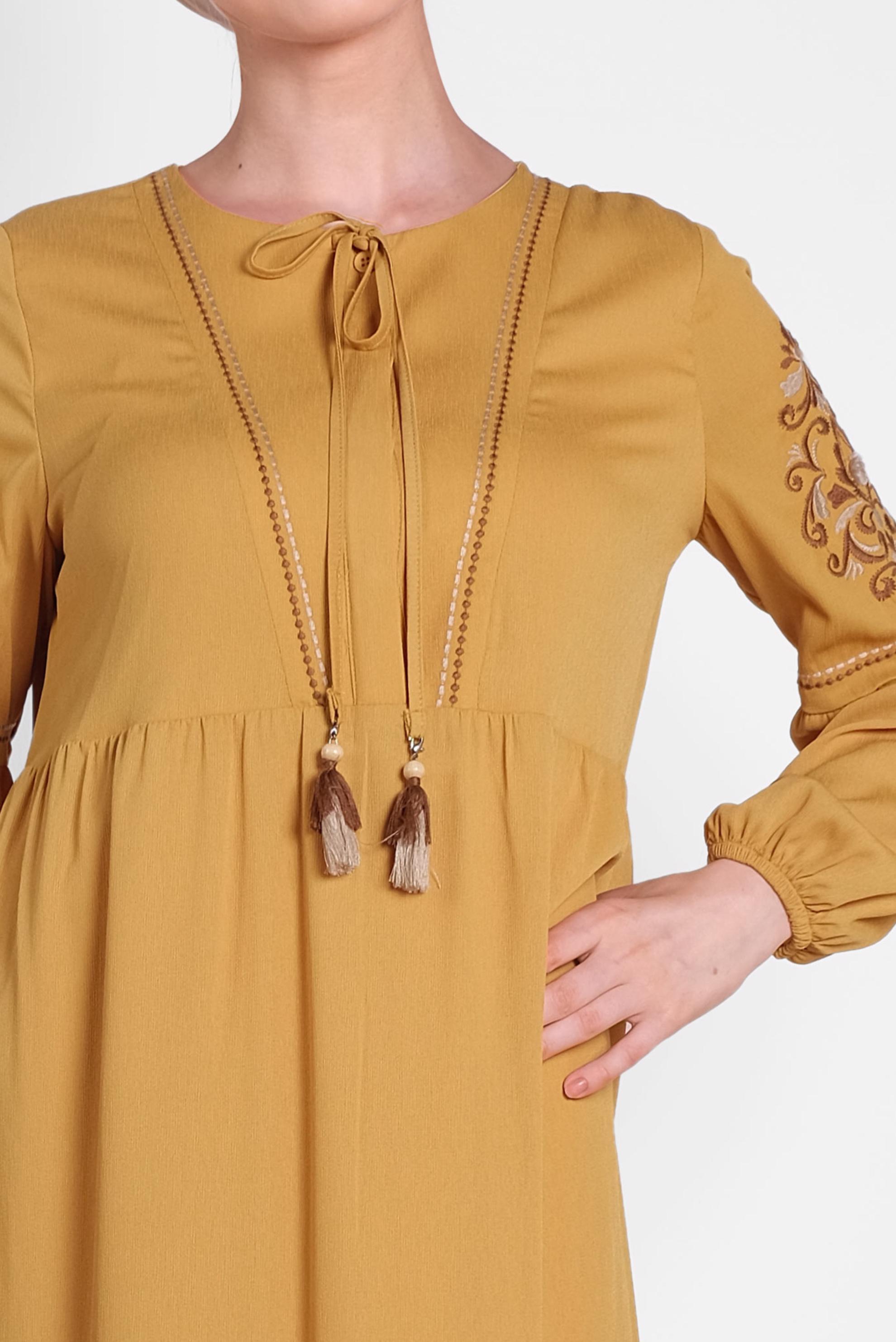 Tesettür giyim SARI KOLLARI NAKIŞLI ELBİSE 4439