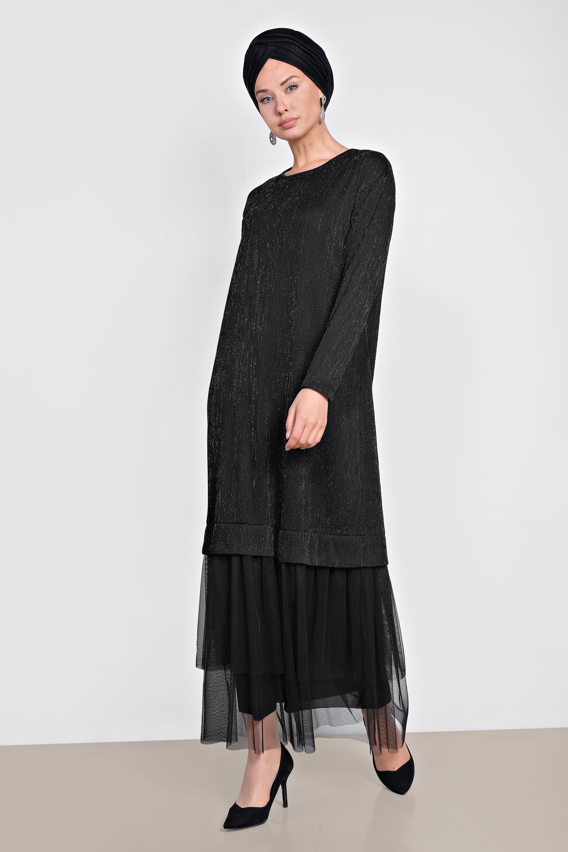 Tesettür giyim SİYAH ETEK UCU TÜL DETAYLI SİMLİ ELBİSE 4443