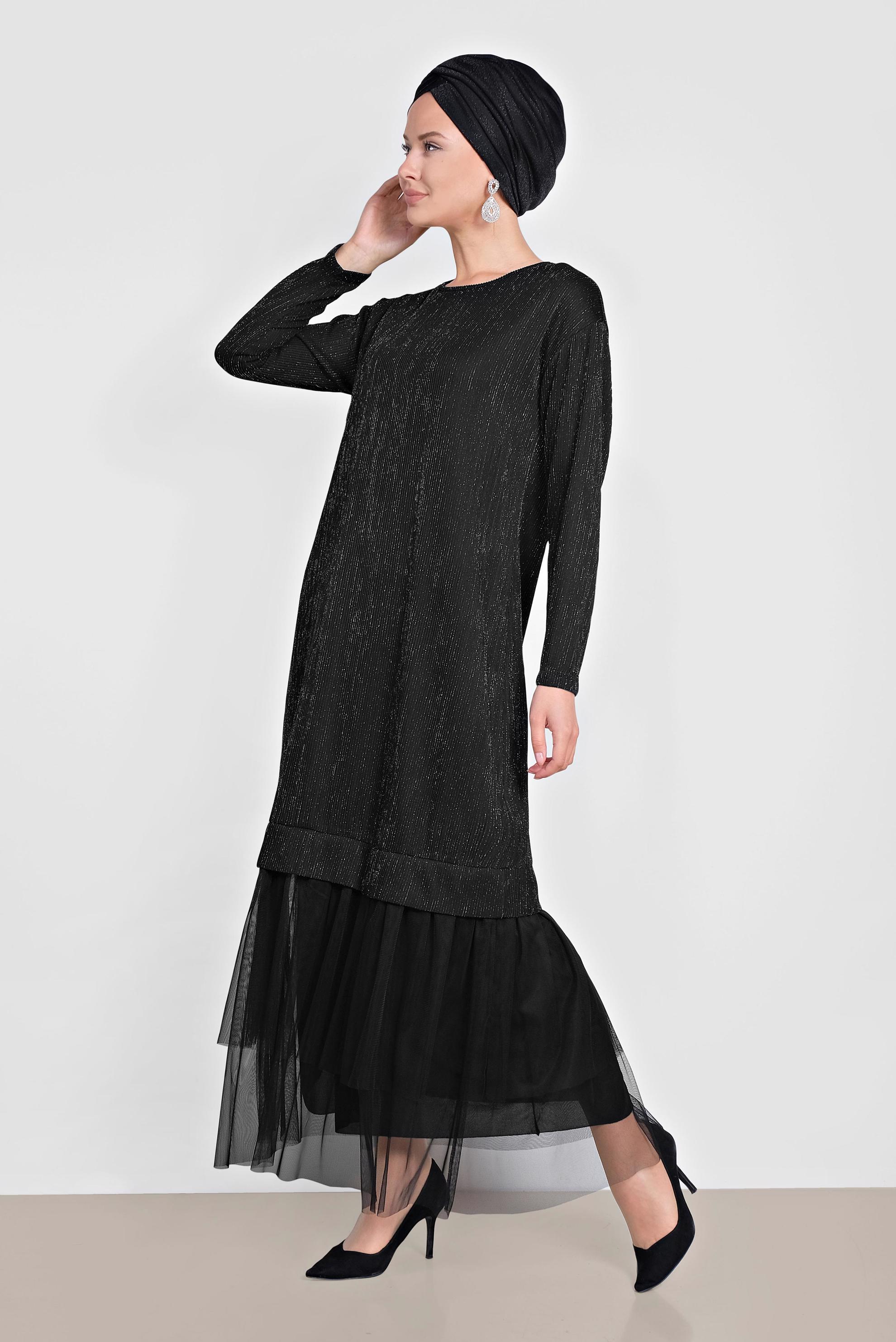 Tesettür giyim SİYAH ETEK UCU TÜL DETAYLI SİMLİ ELBİSE 4443