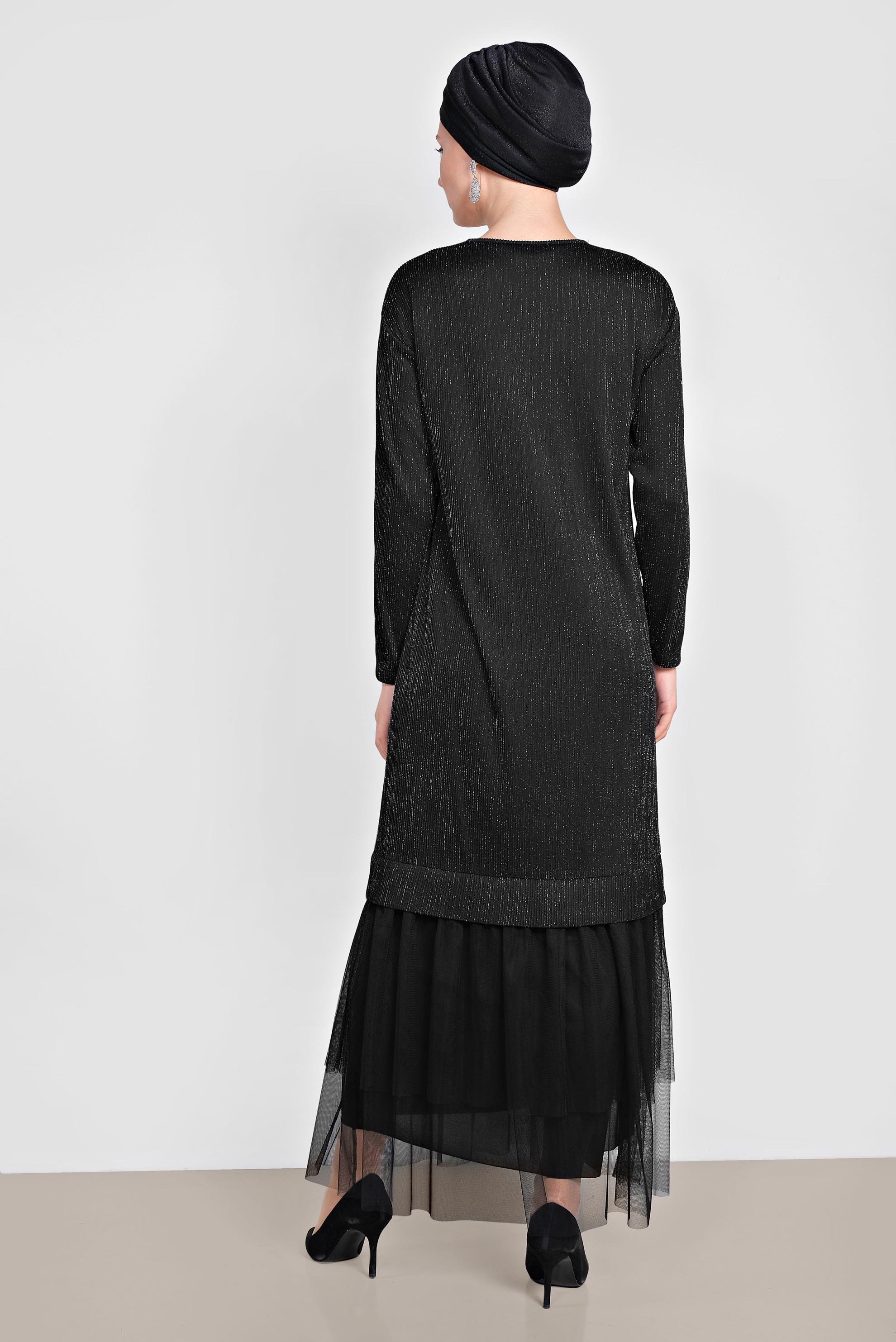 Tesettür giyim SİYAH ETEK UCU TÜL DETAYLI SİMLİ ELBİSE 4443