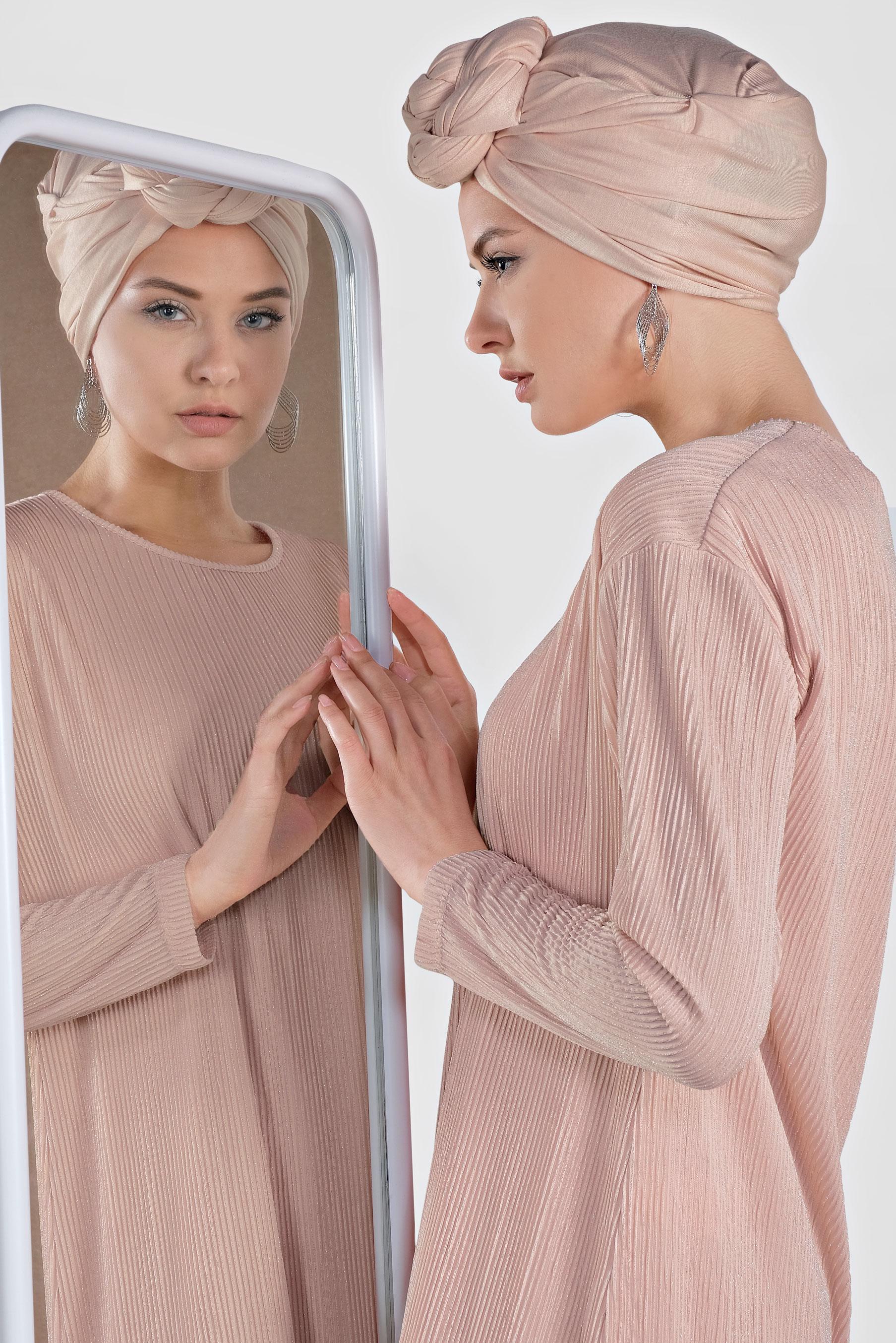 Tesettür giyim PUDRA ETEK UCU TÜL DETAYLI SİMLİ ELBİSE 4443