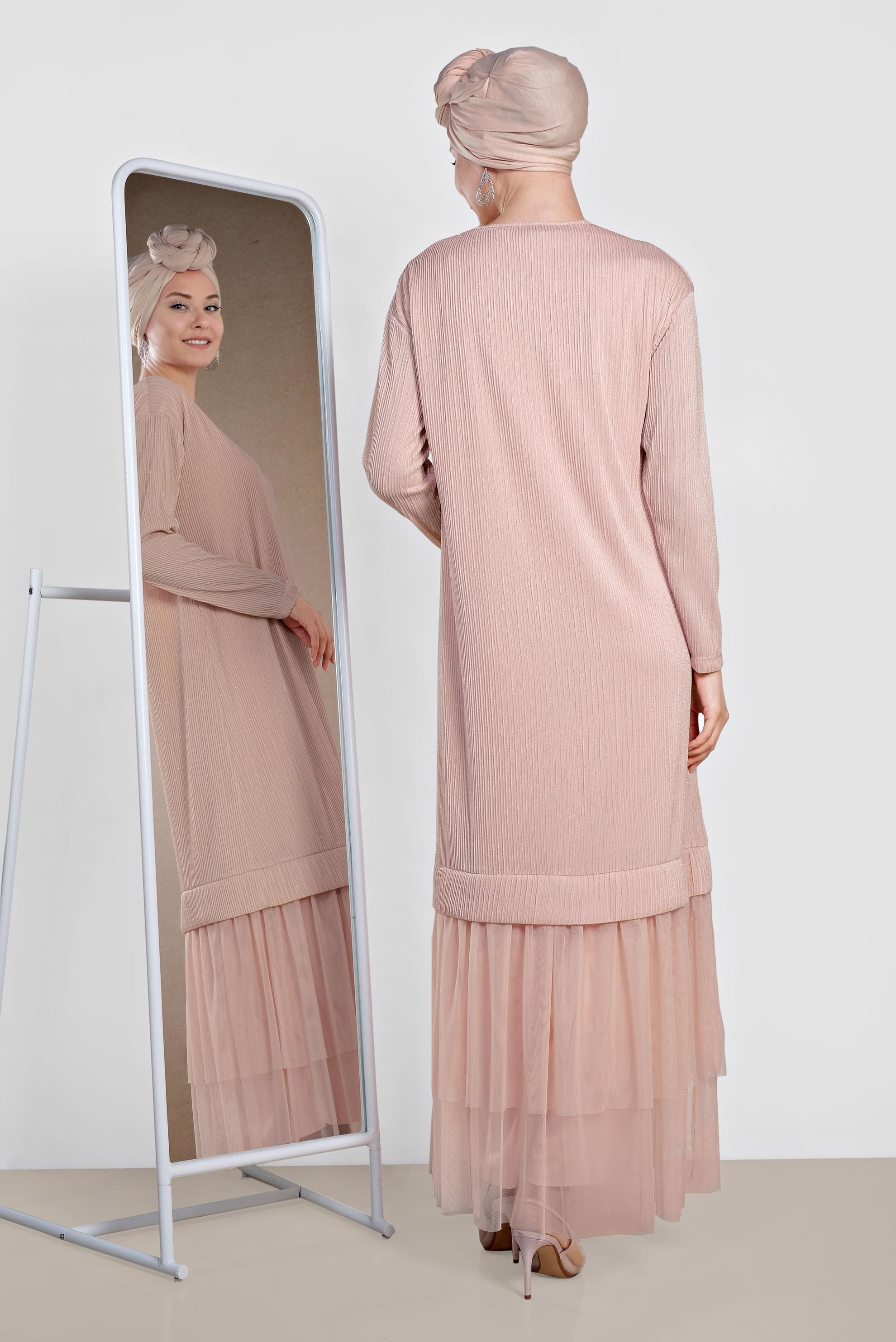 Tesettür giyim PUDRA ETEK UCU TÜL DETAYLI SİMLİ ELBİSE 4443