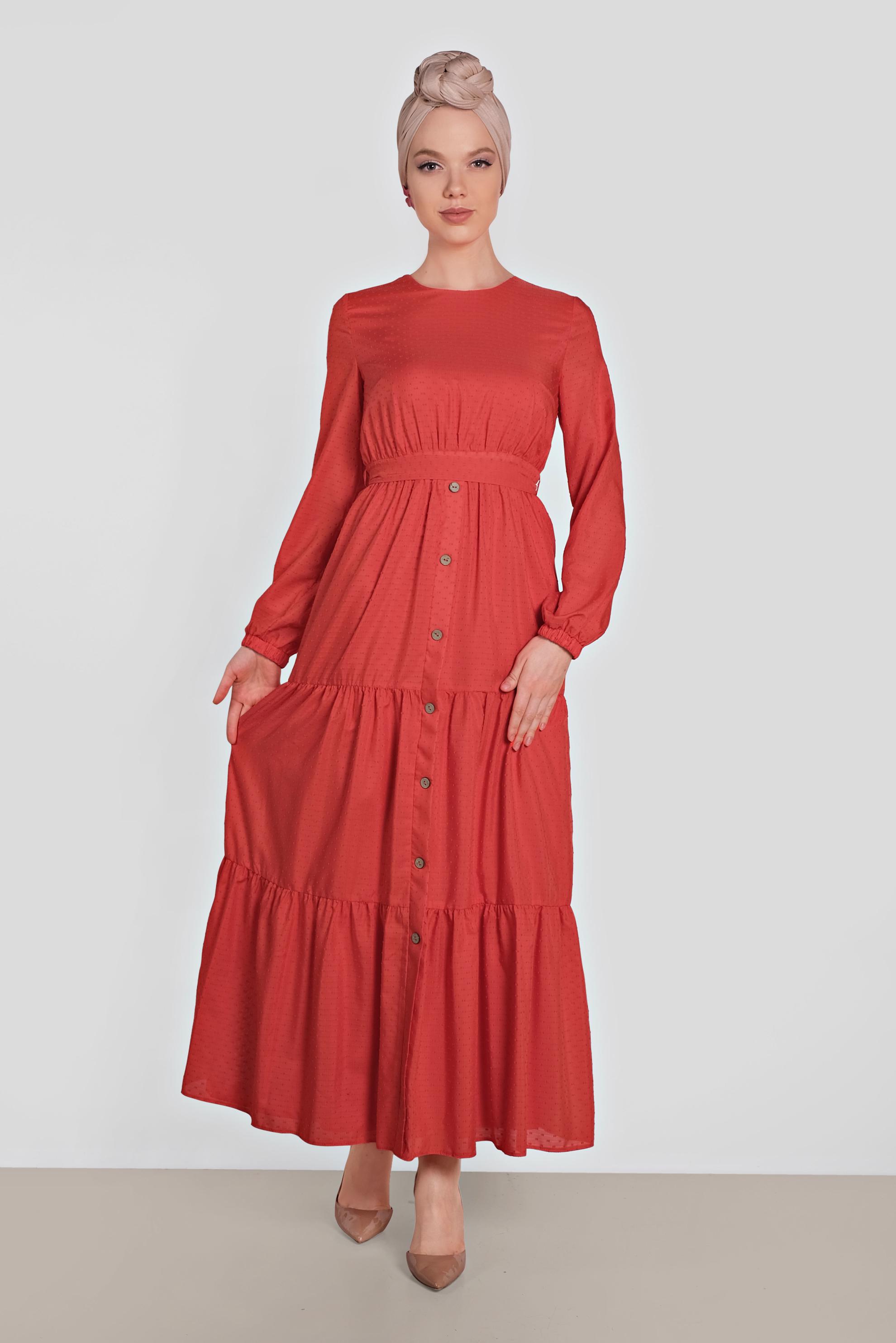 Tesettür giyim KIRMIZI KUŞAKLI DÜĞMELİ ELBİSE 4460