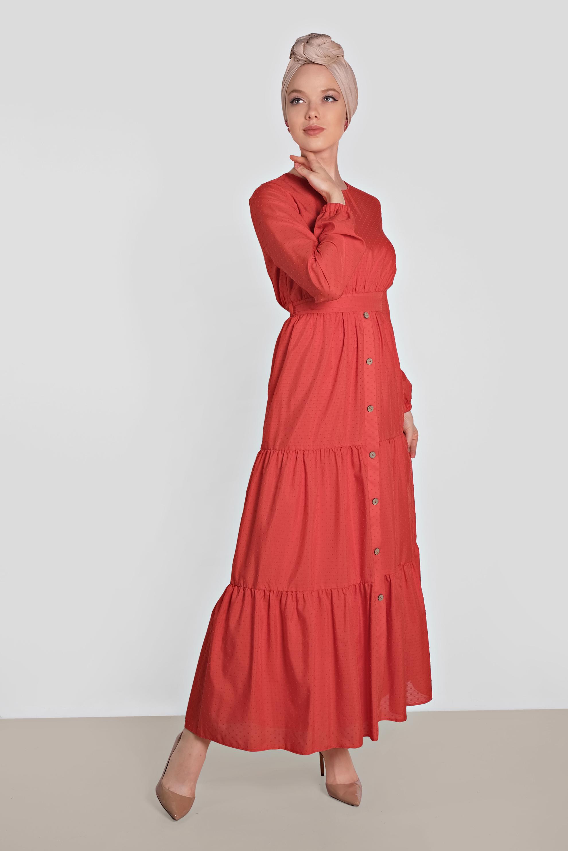 Tesettür giyim KIRMIZI KUŞAKLI DÜĞMELİ ELBİSE 4460