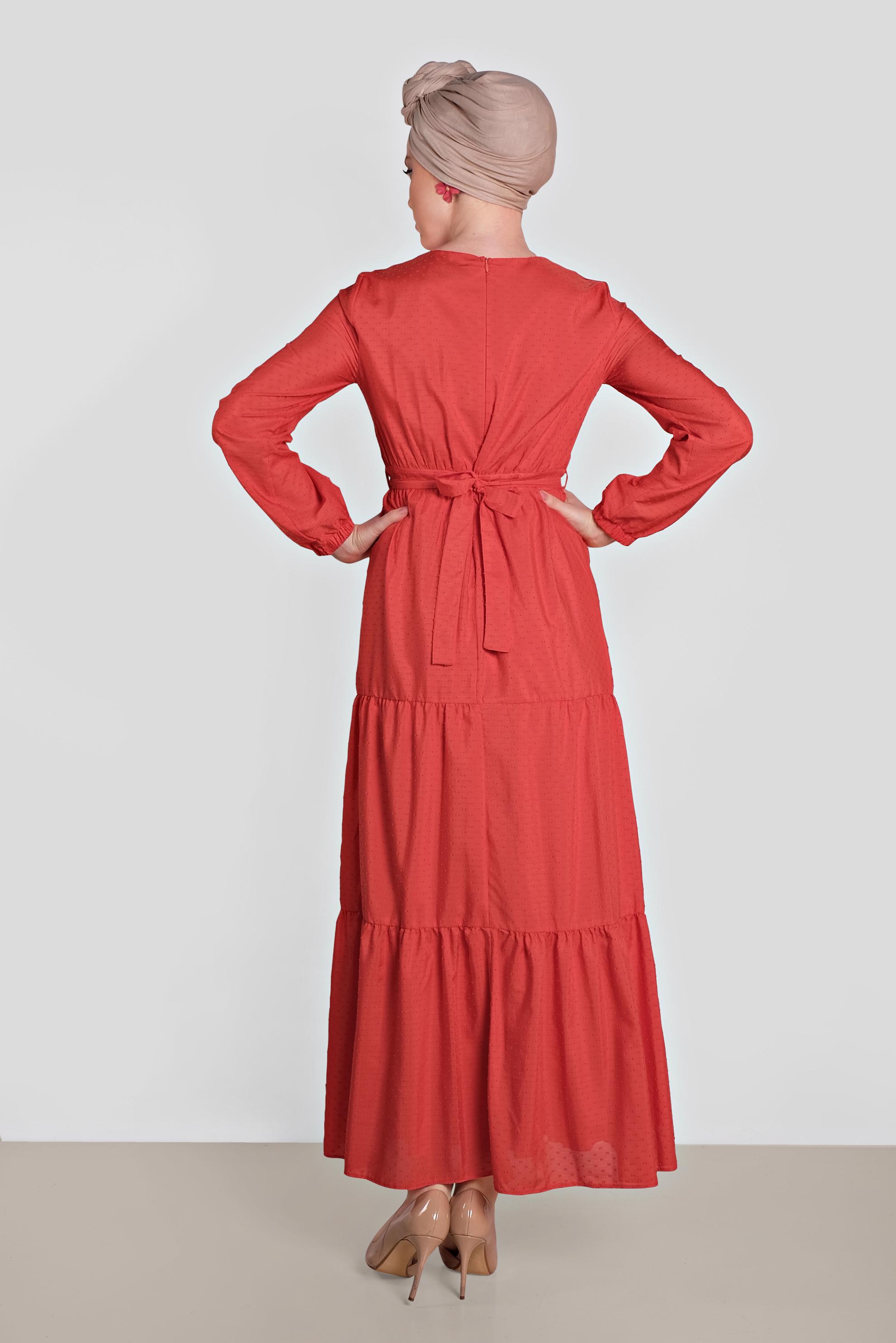 Tesettür giyim KIRMIZI KUŞAKLI DÜĞMELİ ELBİSE 4460