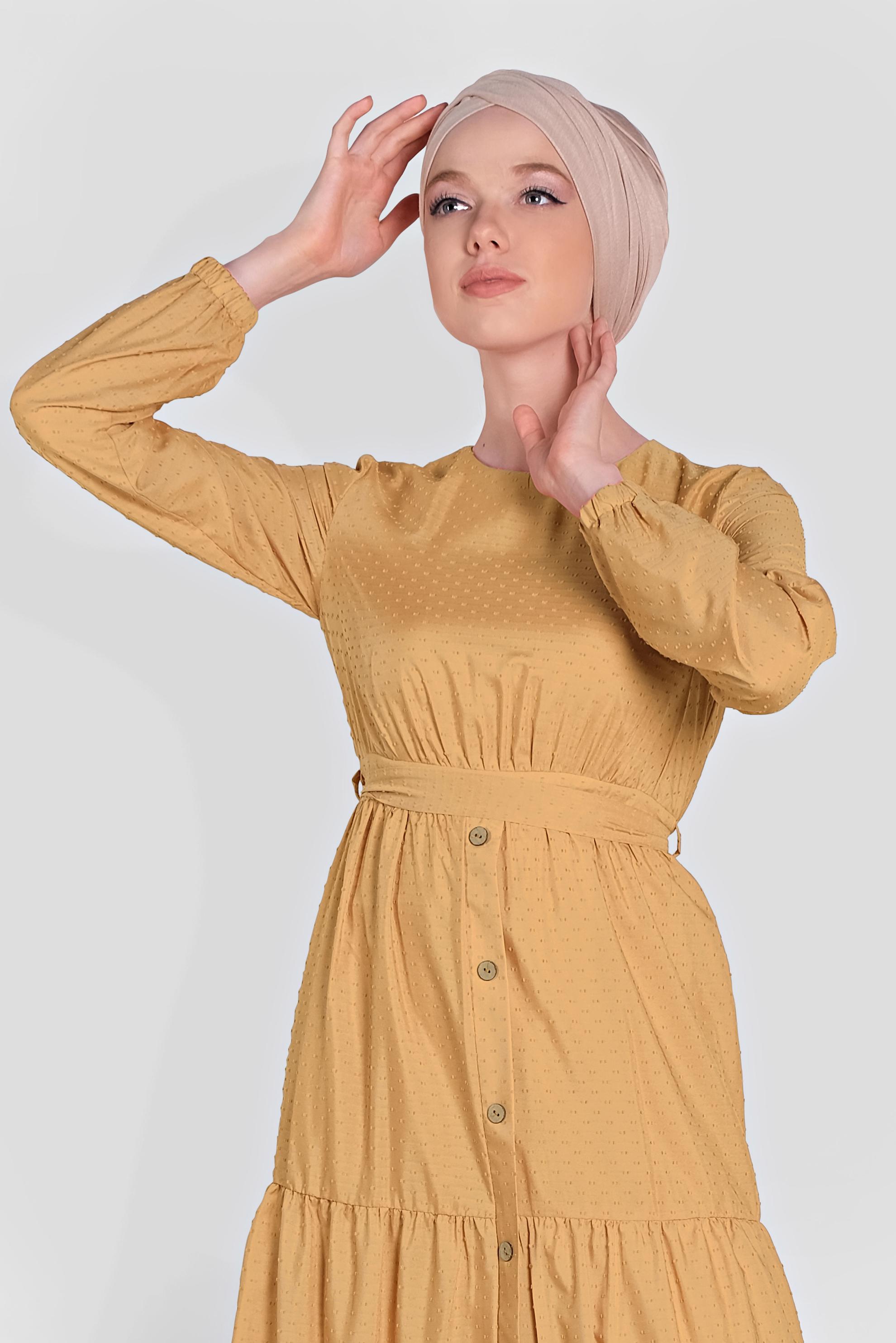 Tesettür giyim SARI KUŞAKLI DÜĞMELİ ELBİSE 4460