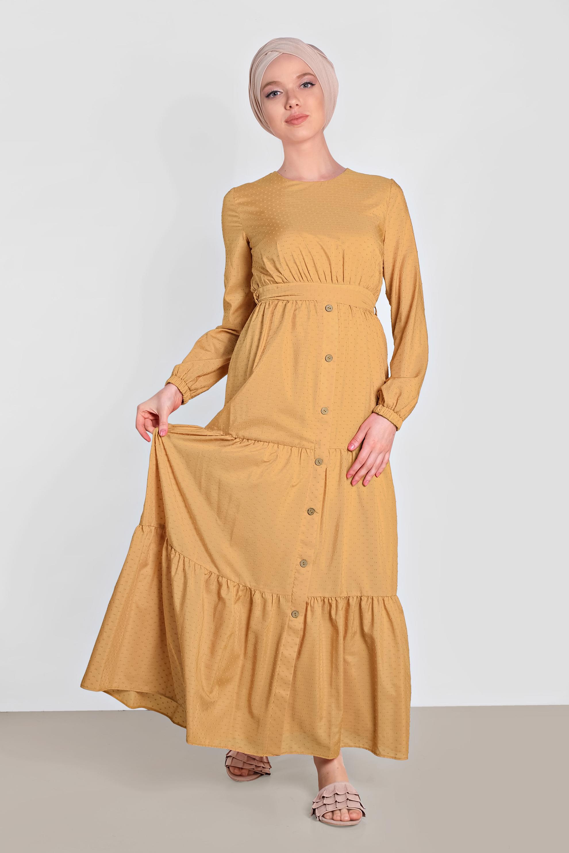 Tesettür giyim SARI KUŞAKLI DÜĞMELİ ELBİSE 4460