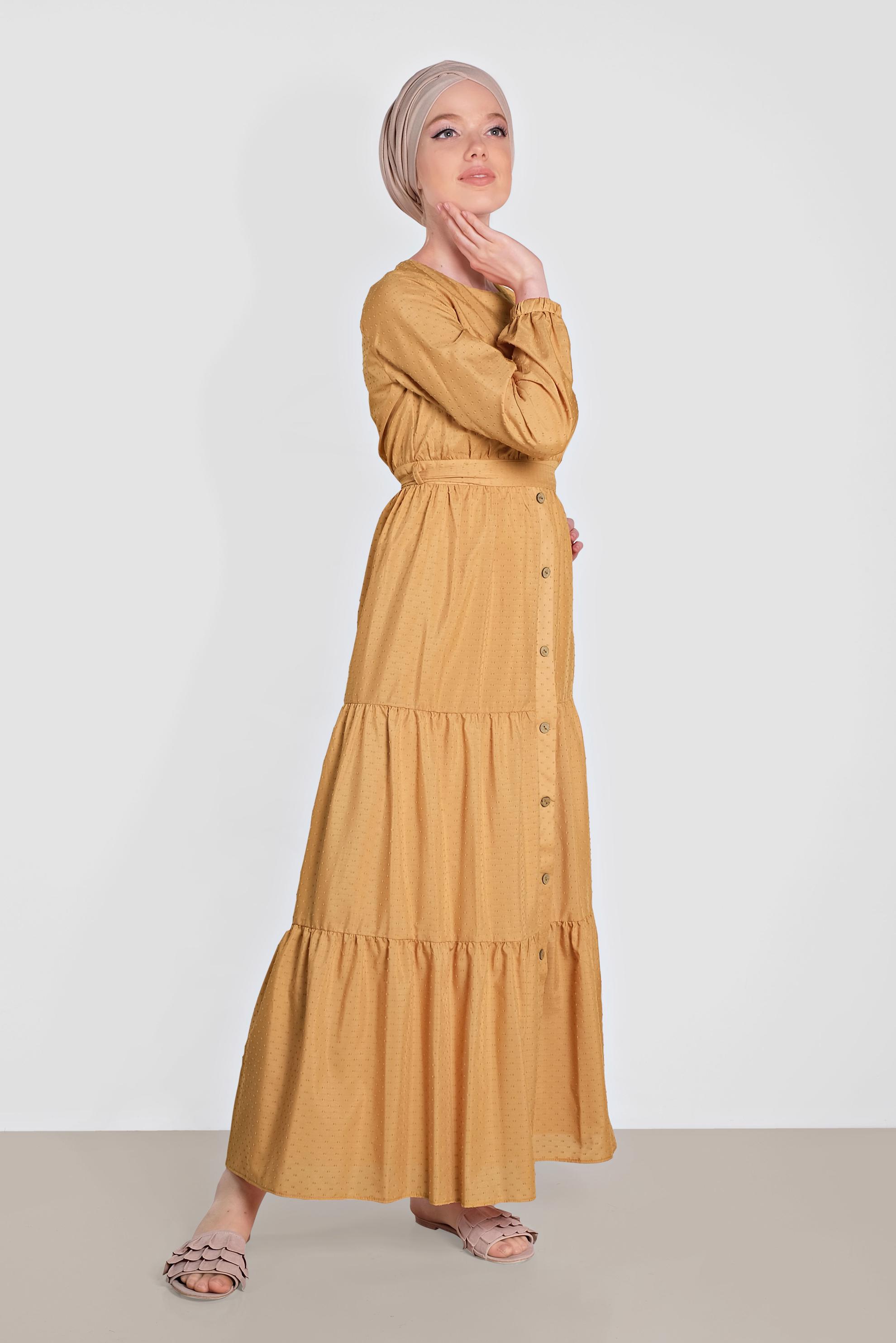 Tesettür giyim SARI KUŞAKLI DÜĞMELİ ELBİSE 4460