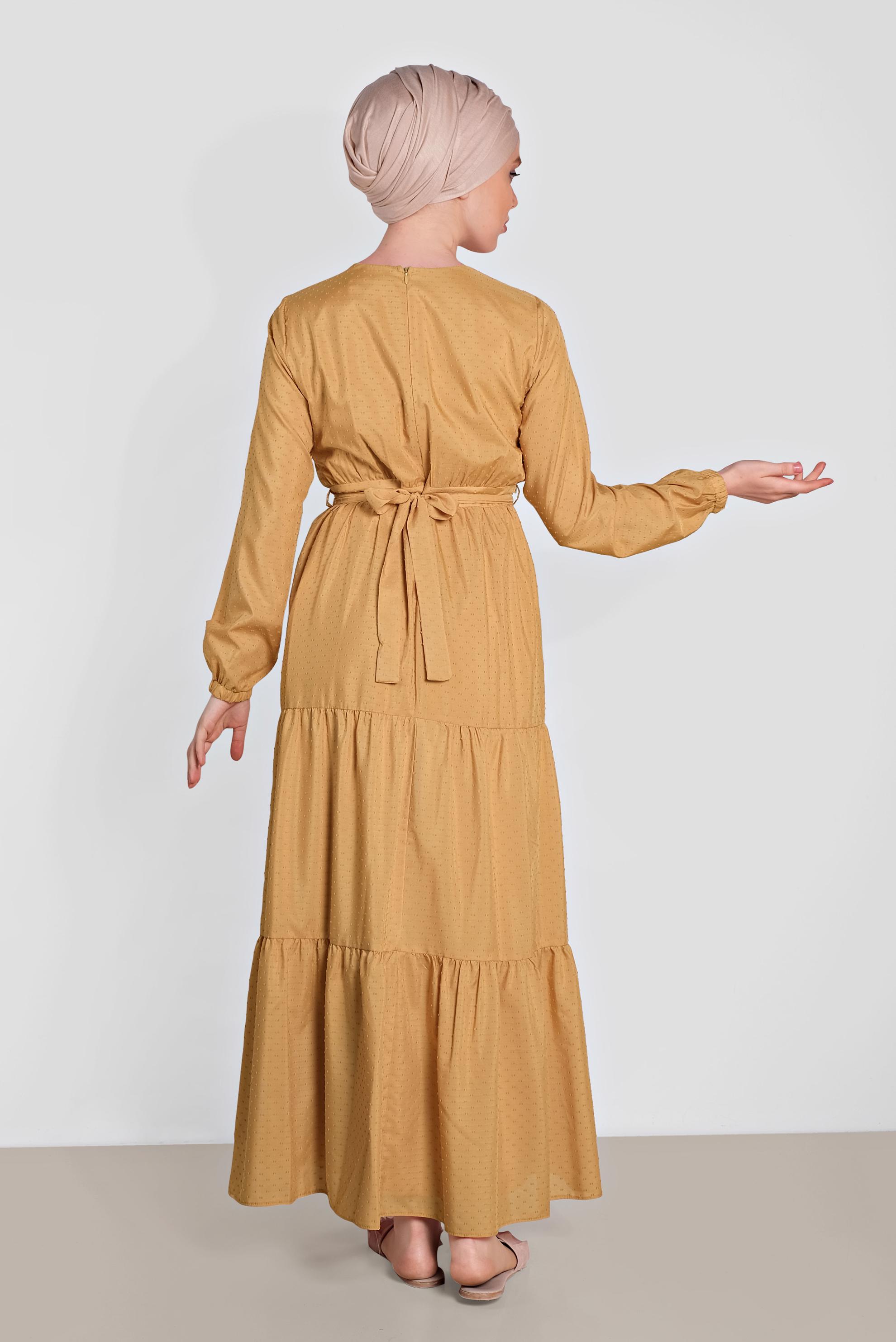 Tesettür giyim SARI KUŞAKLI DÜĞMELİ ELBİSE 4460