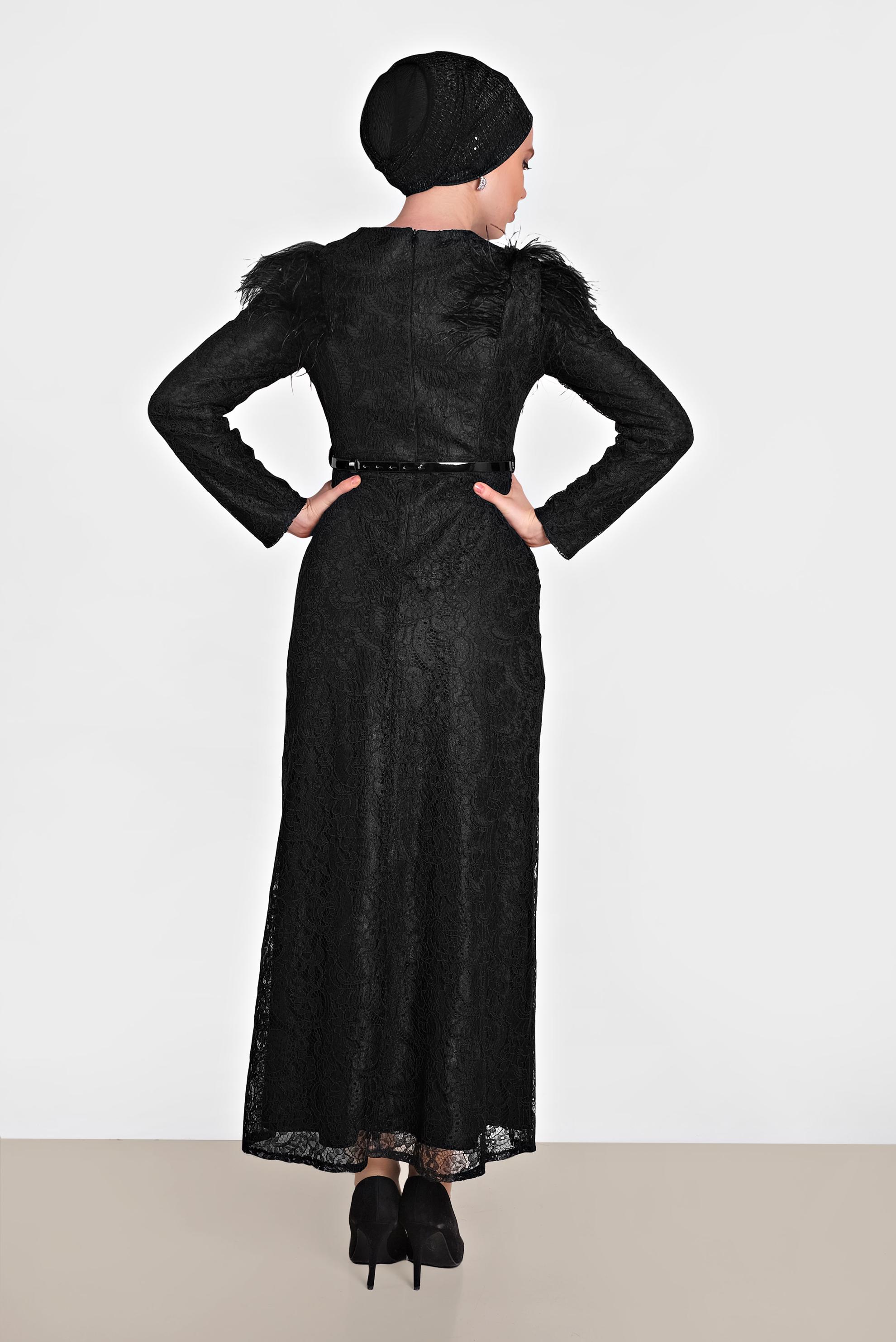 Tesettür giyim SİYAH OMUZLARI TÜYLÜ DANTELLİ ELBİSE 4464