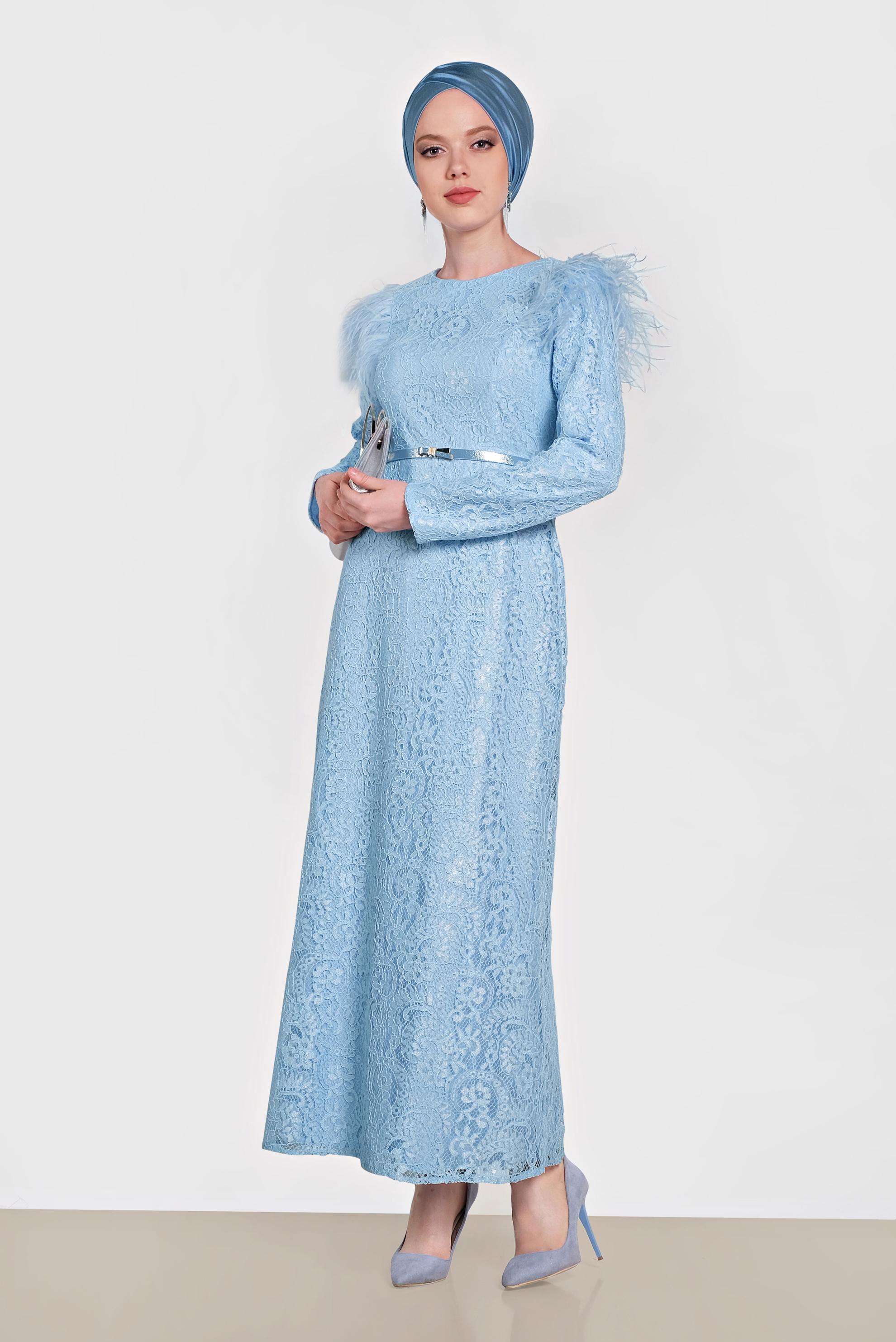 Tesettür giyim MAVİ OMUZLARI TÜYLÜ DANTELLİ ELBİSE 4464