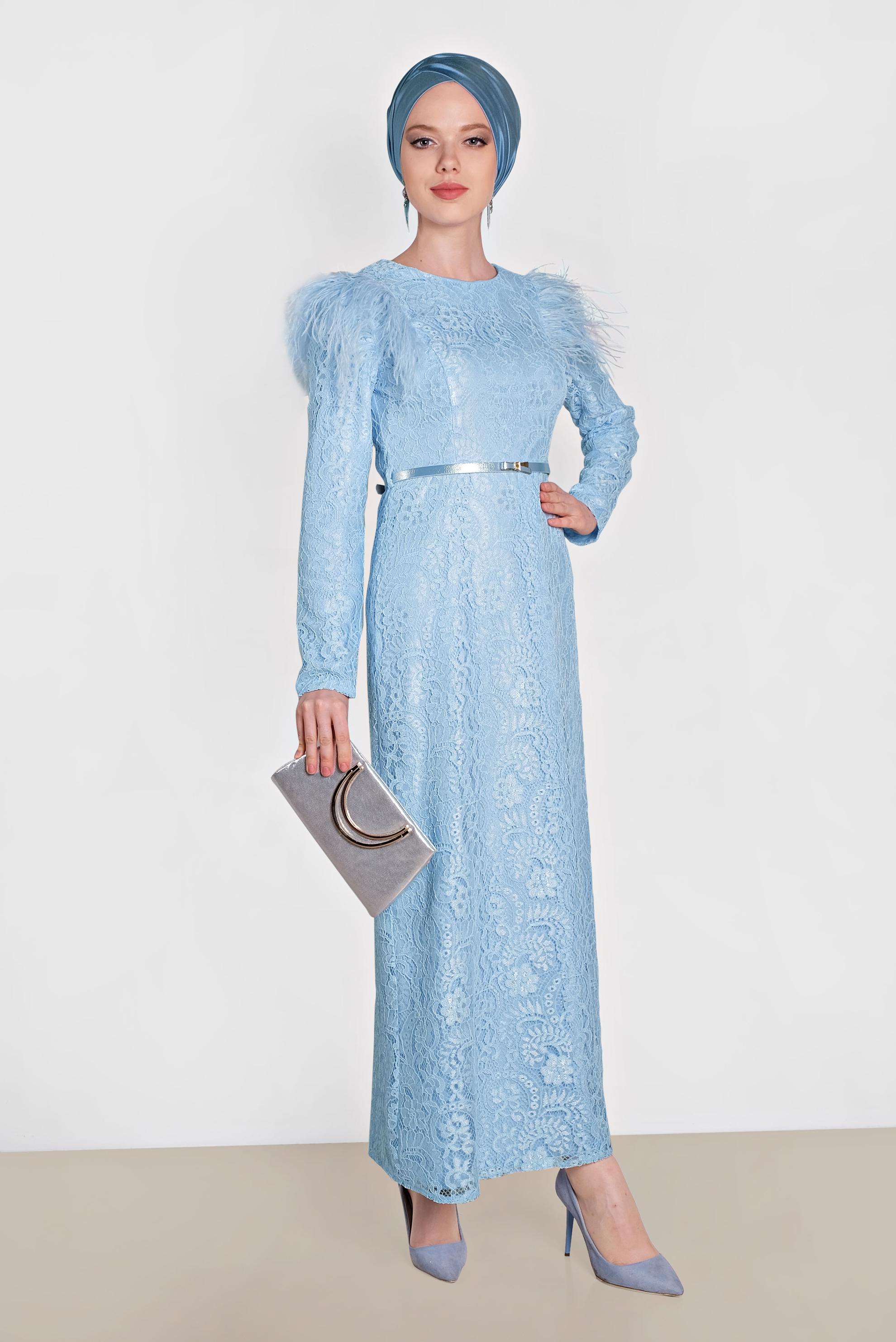 Tesettür giyim MAVİ OMUZLARI TÜYLÜ DANTELLİ ELBİSE 4464