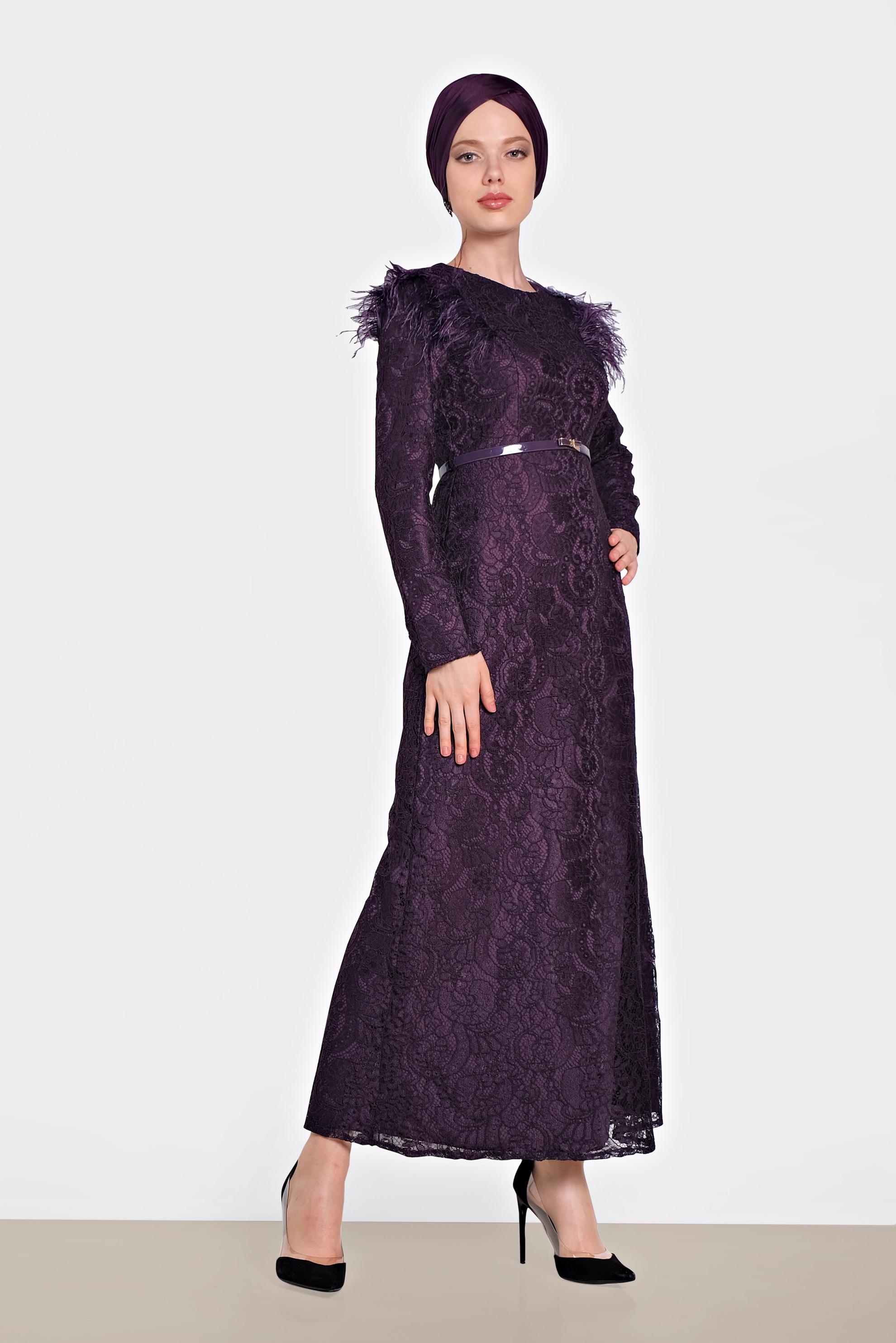 Tesettür giyim MOR OMUZLARI TÜYLÜ DANTELLİ ELBİSE 4464