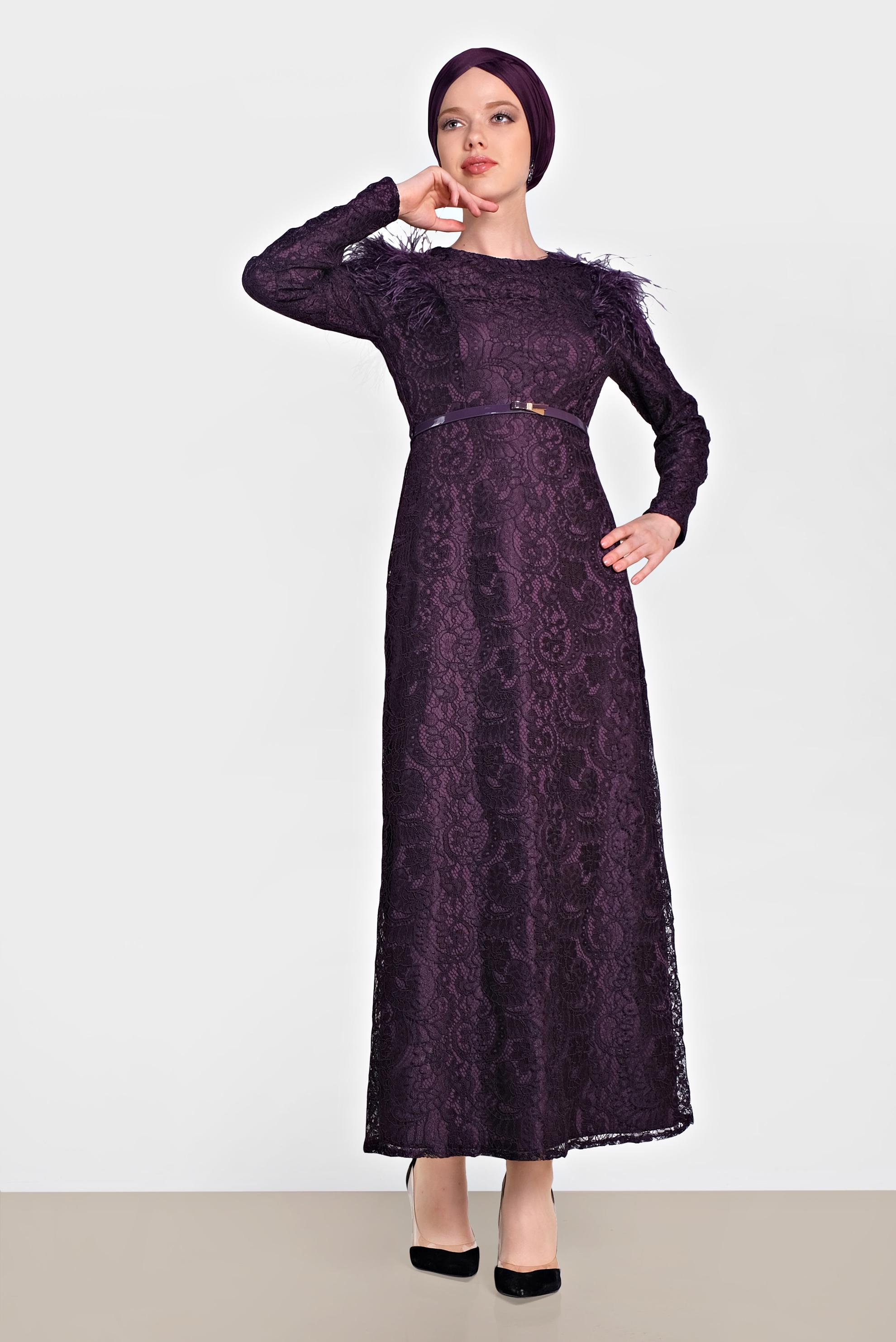 Tesettür giyim MOR OMUZLARI TÜYLÜ DANTELLİ ELBİSE 4464