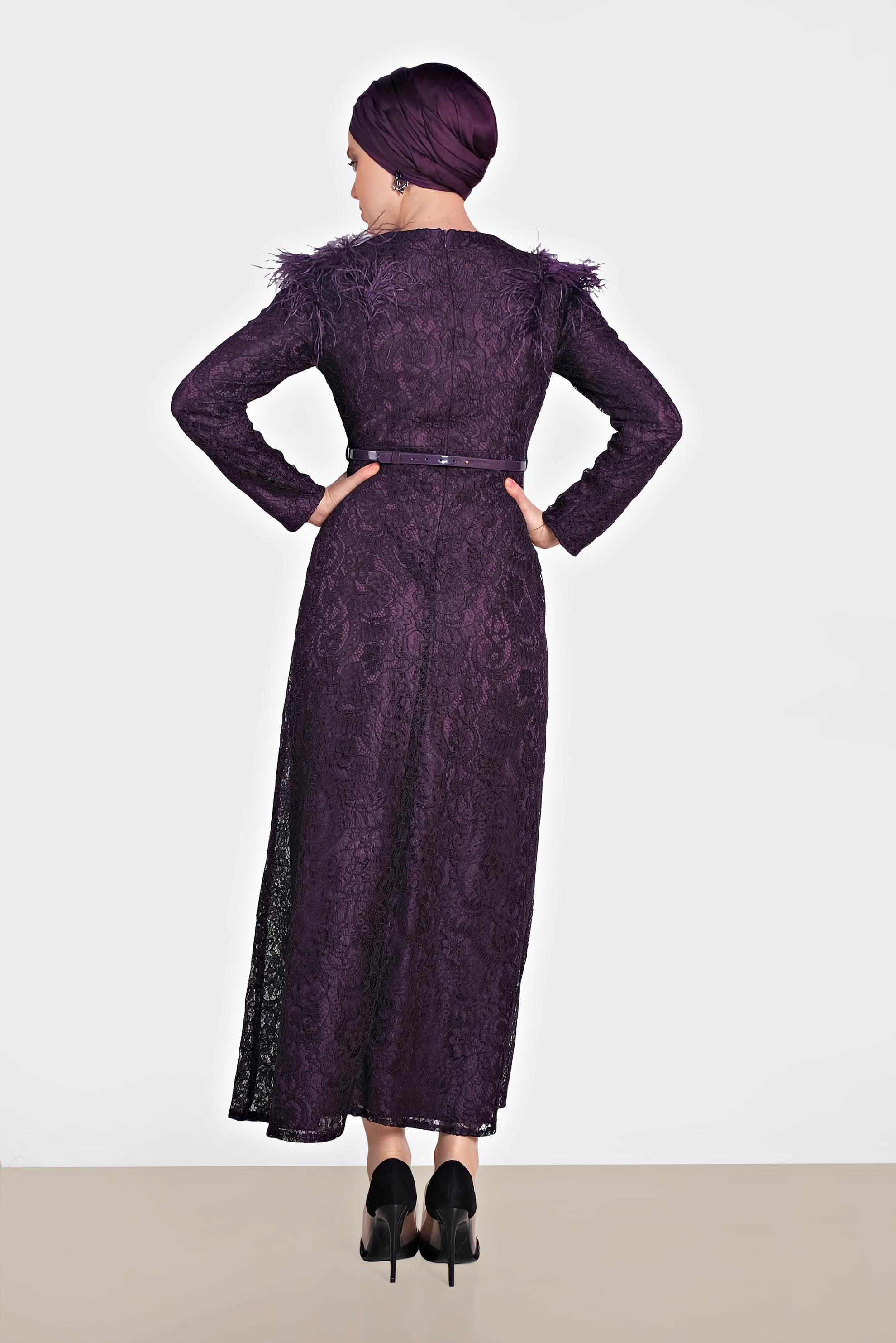 Tesettür giyim MOR OMUZLARI TÜYLÜ DANTELLİ ELBİSE 4464