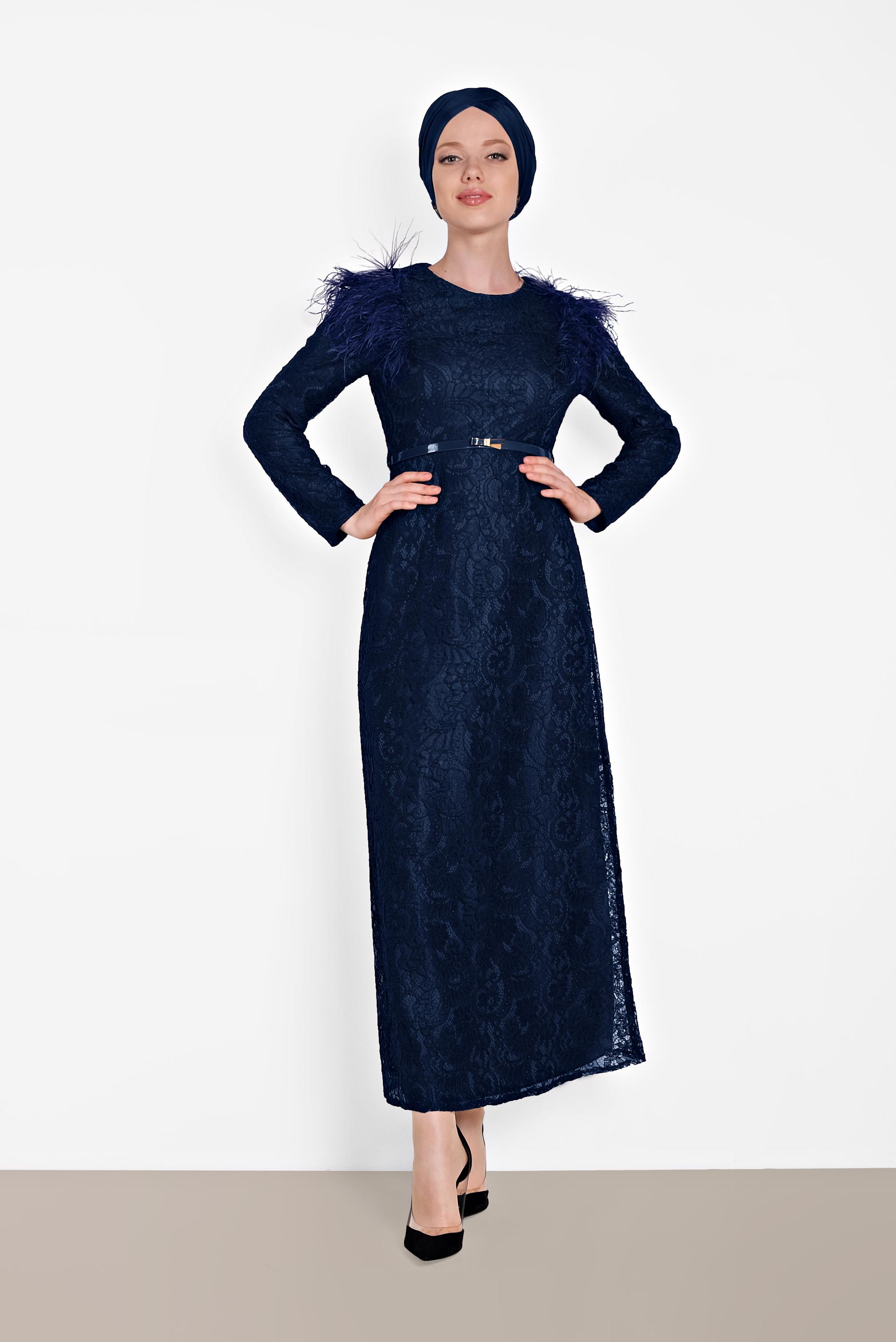 Tesettür giyim LACİVERT OMUZLARI TÜYLÜ DANTELLİ ELBİSE 4464