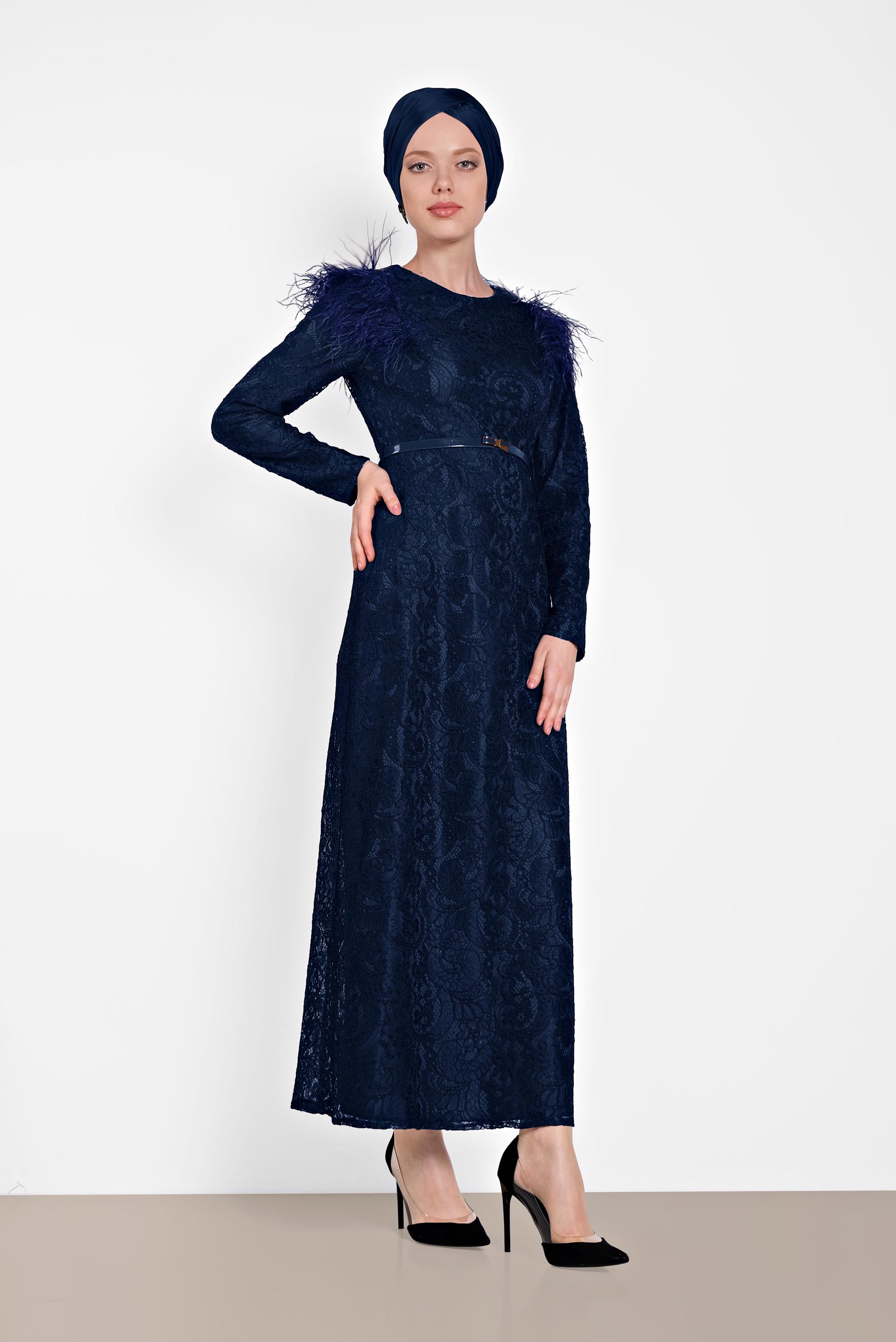 Tesettür giyim LACİVERT OMUZLARI TÜYLÜ DANTELLİ ELBİSE 4464