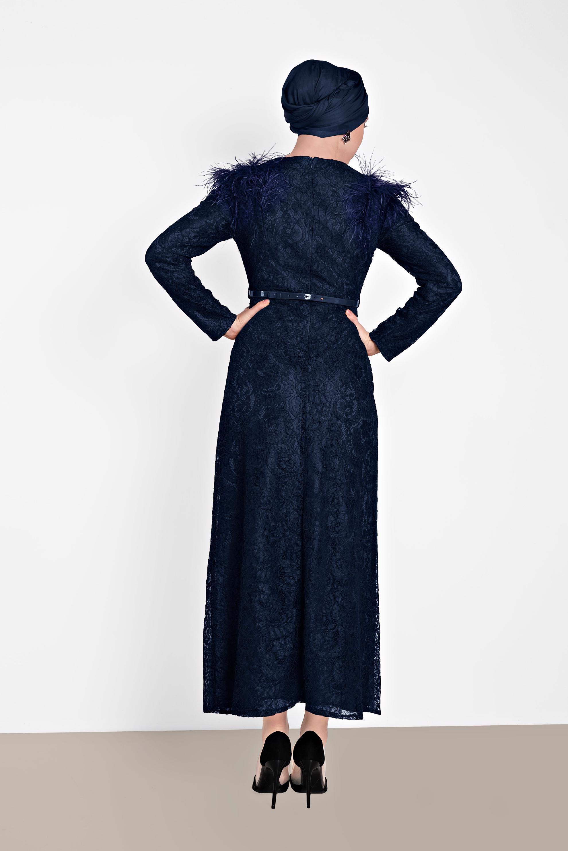 Tesettür giyim LACİVERT OMUZLARI TÜYLÜ DANTELLİ ELBİSE 4464