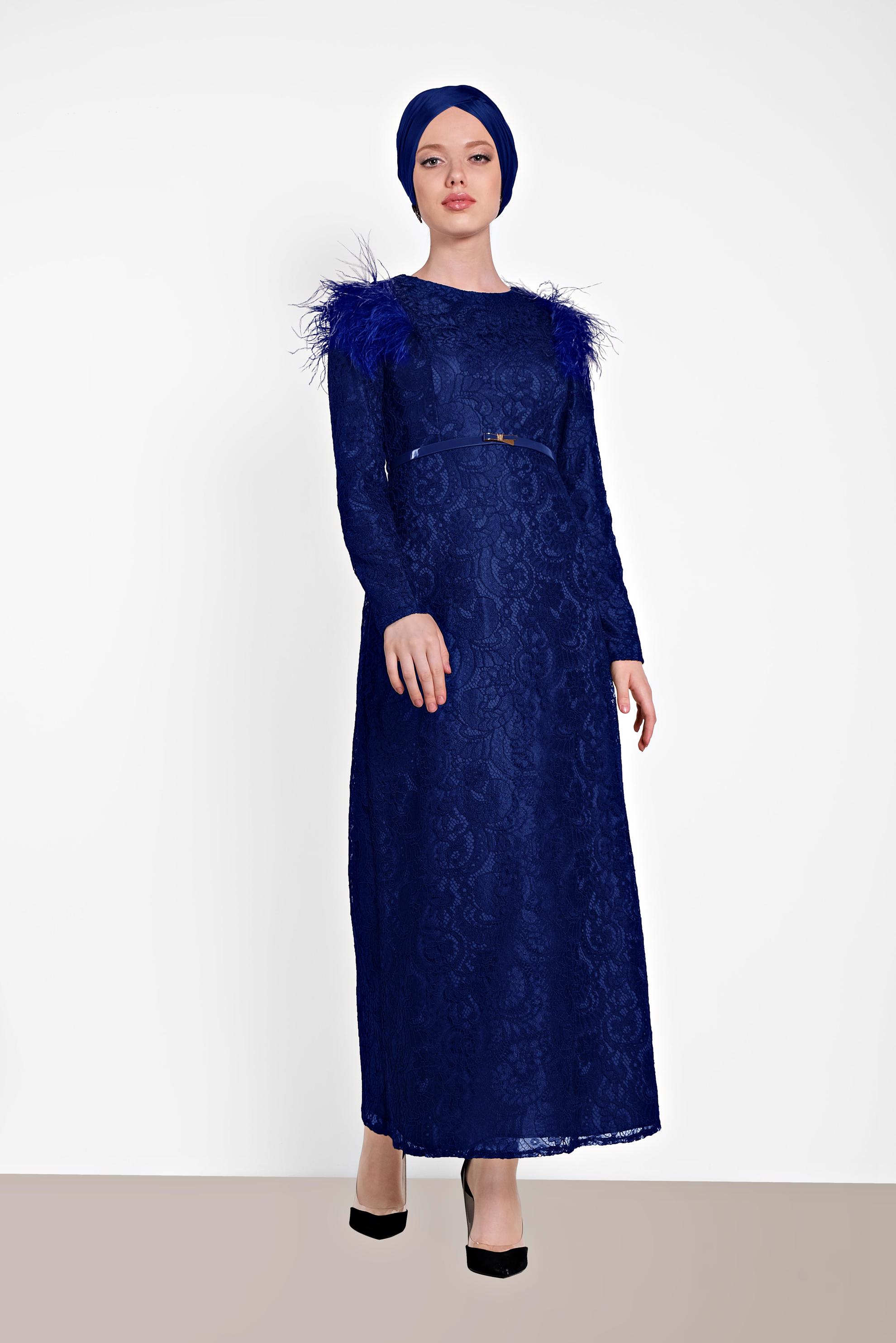 Tesettür giyim LACİVERT OMUZLARI TÜYLÜ DANTELLİ ELBİSE 4464