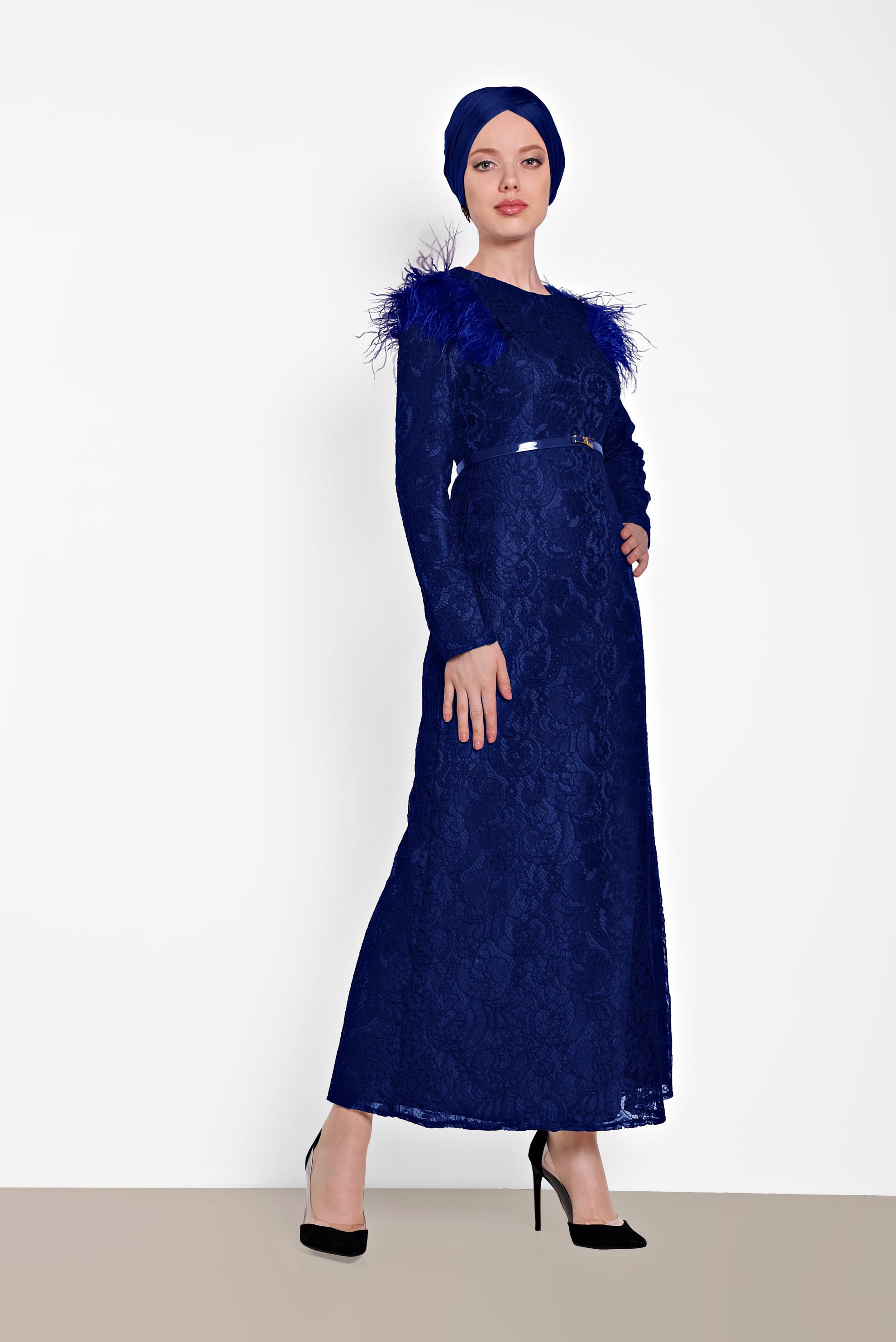 Tesettür giyim LACİVERT OMUZLARI TÜYLÜ DANTELLİ ELBİSE 4464