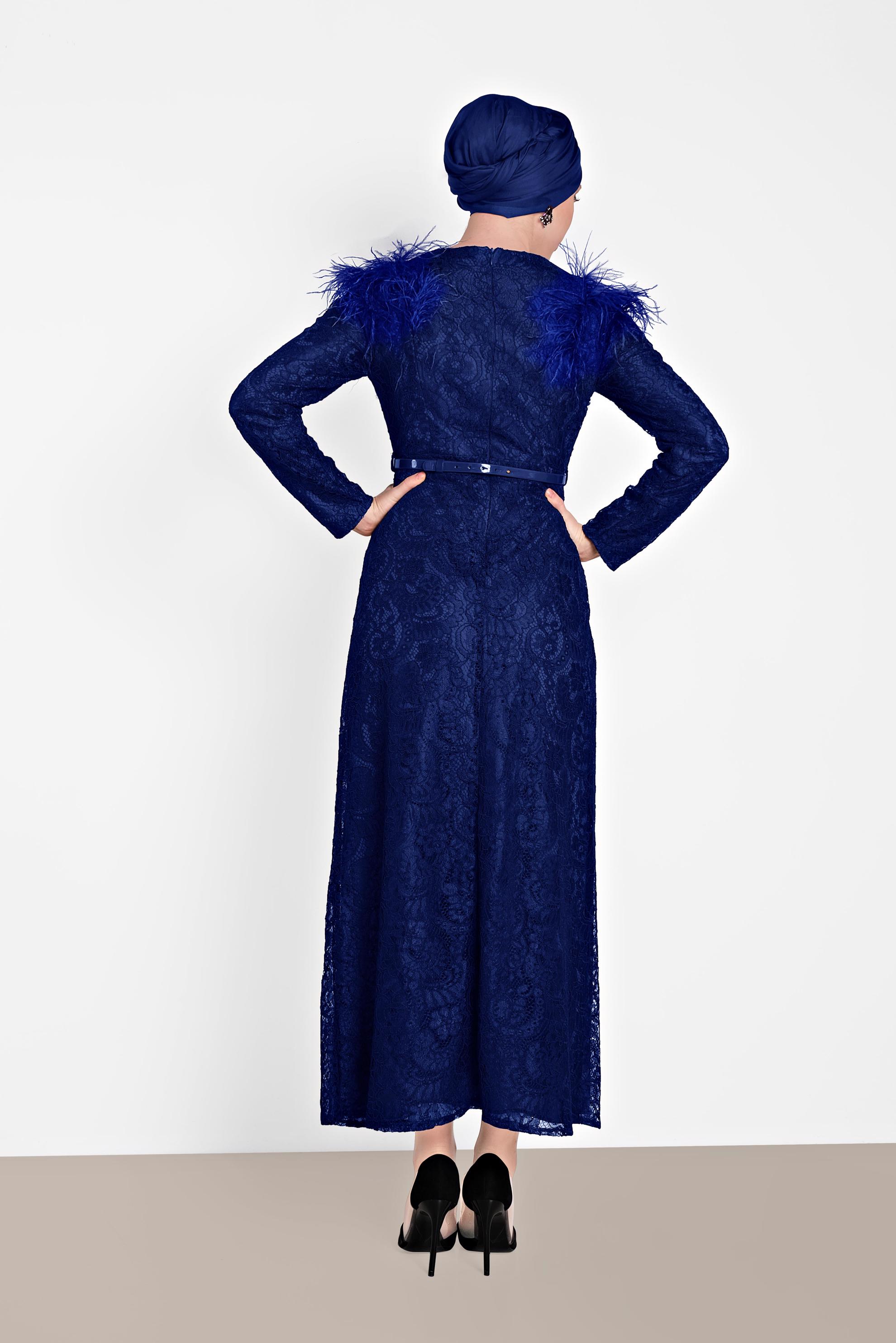 Tesettür giyim LACİVERT OMUZLARI TÜYLÜ DANTELLİ ELBİSE 4464