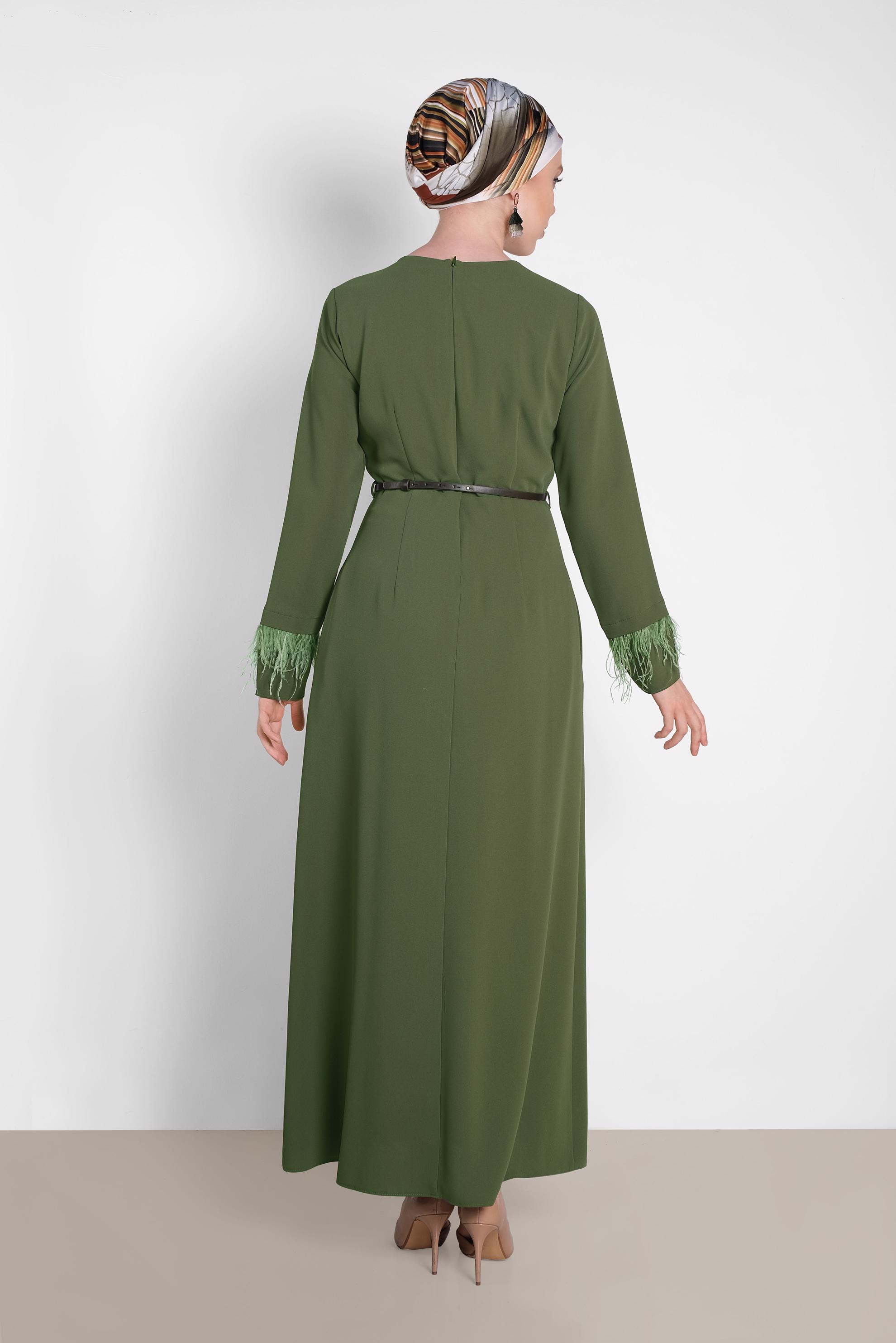 Tesettür giyim HAKİ TÜY DETAYLI ELBİSE 4465