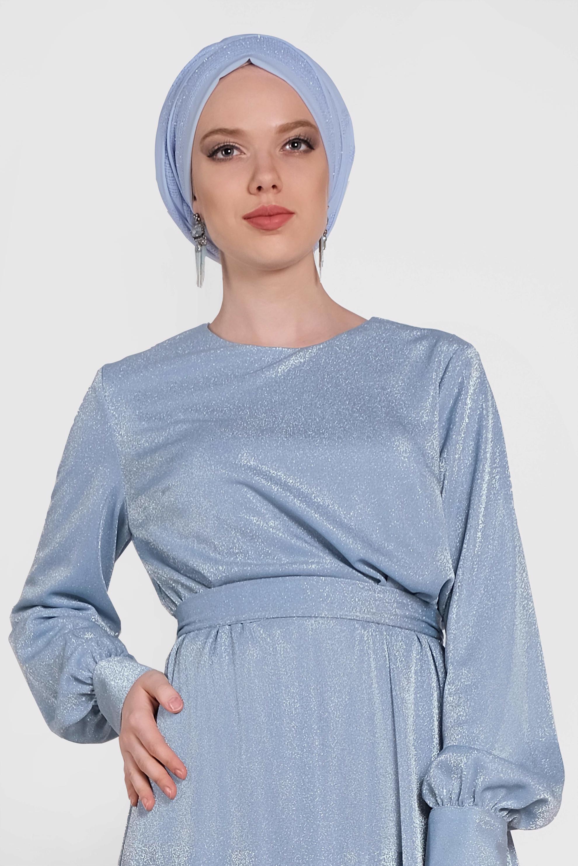 Tesettür giyim MAVİ KUŞAKLI SİMLİ ELBİSE 4466