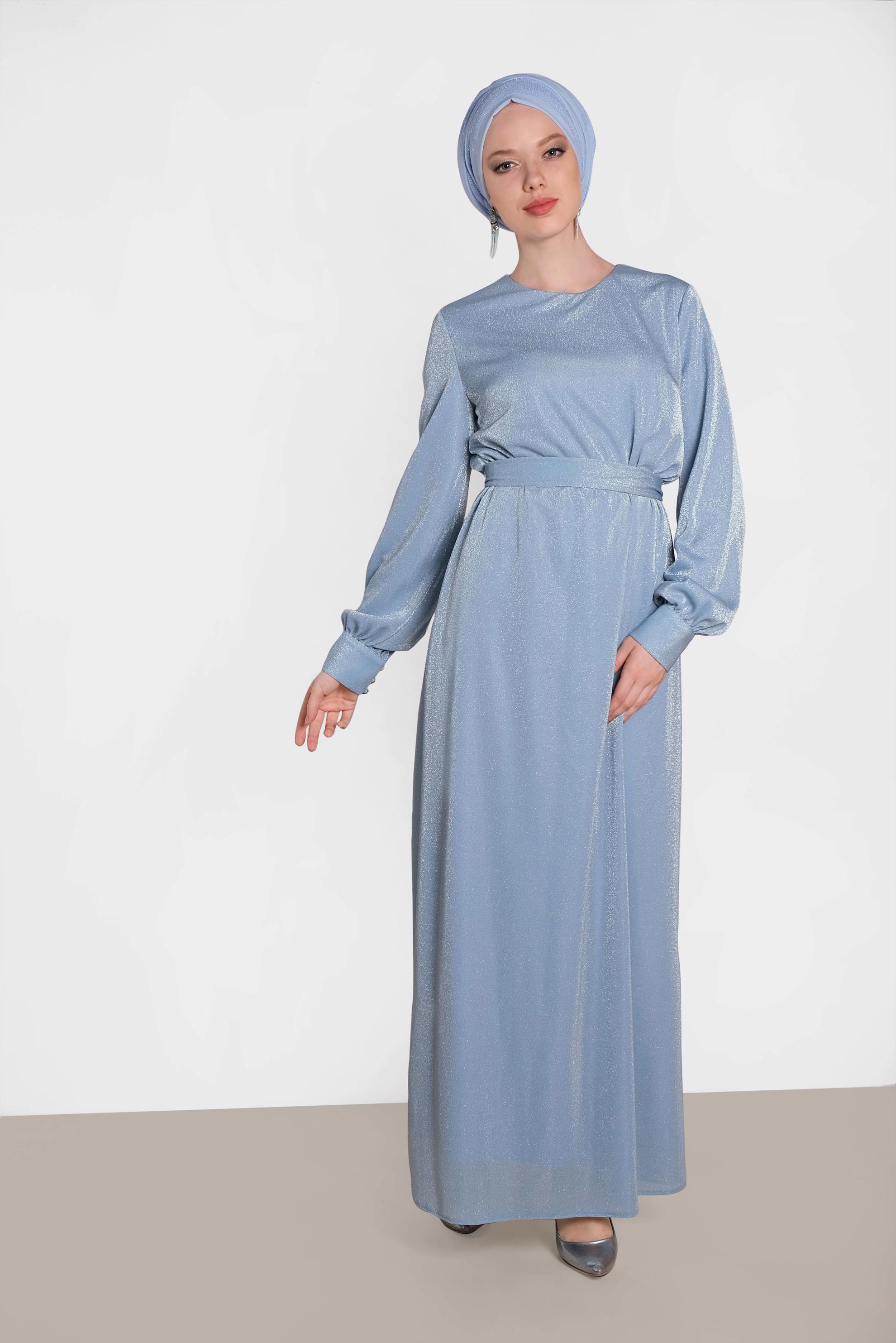 Tesettür giyim MAVİ KUŞAKLI SİMLİ ELBİSE 4466