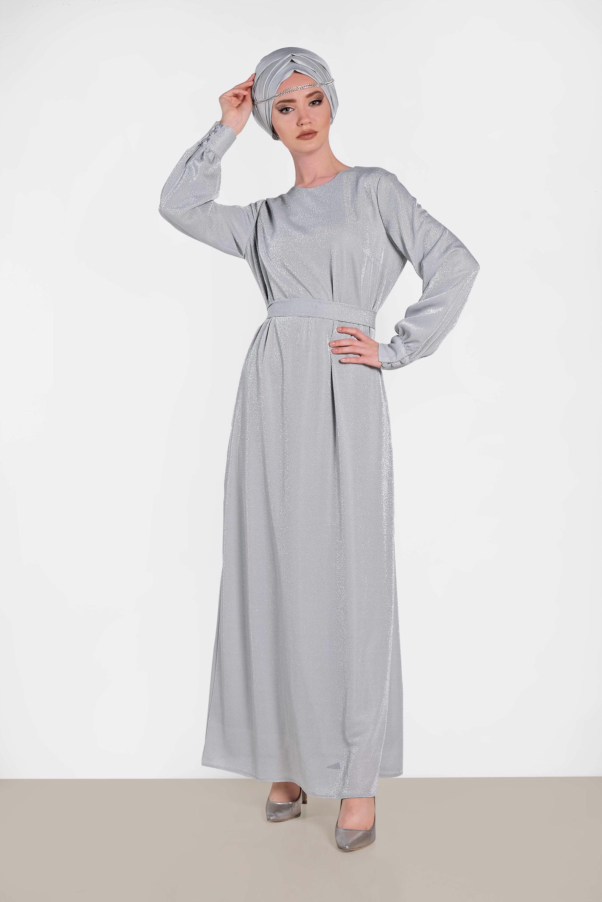 Tesettür giyim GRİ KUŞAKLI SİMLİ ELBİSE 4466