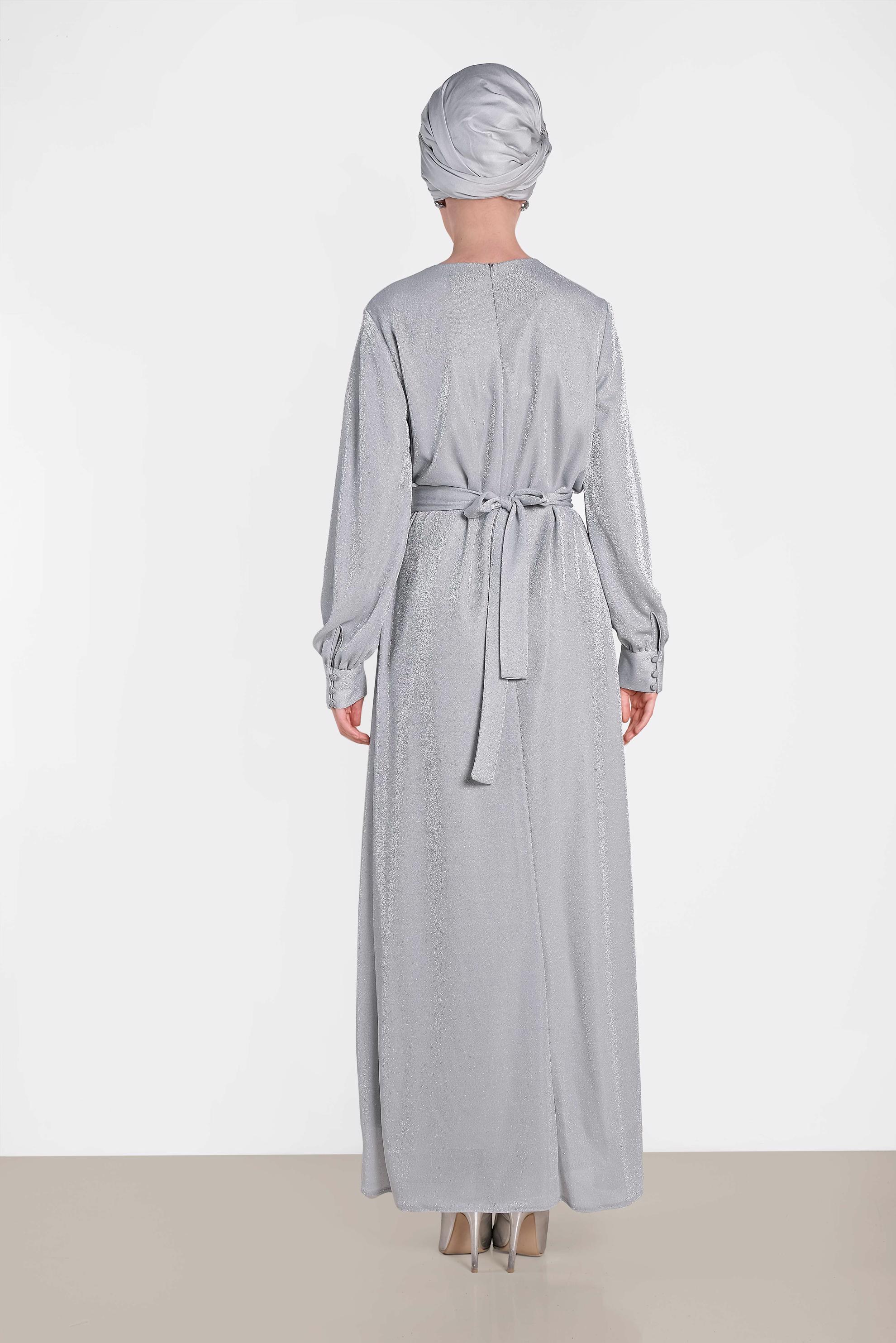 Tesettür giyim GRİ KUŞAKLI SİMLİ ELBİSE 4466