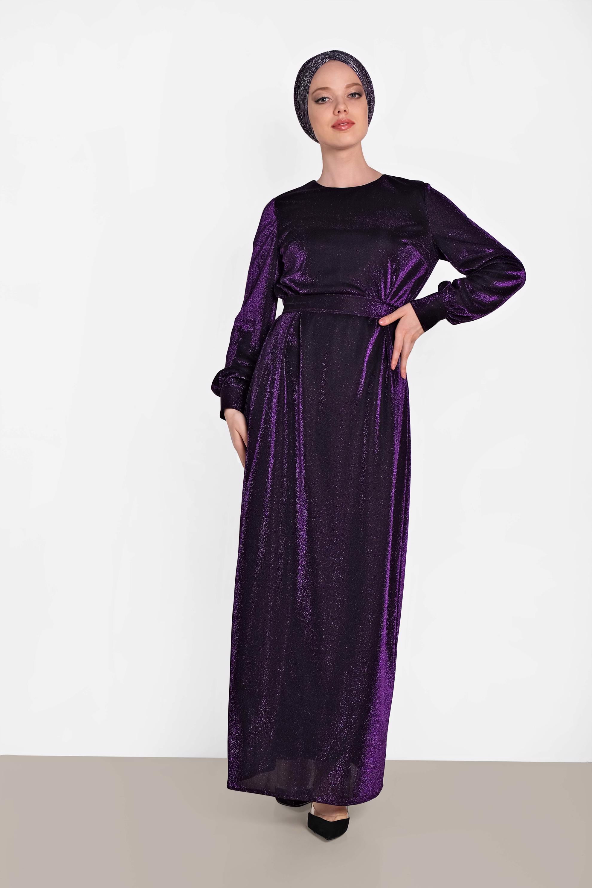 Tesettür giyim SİYAH KUŞAKLI SİMLİ ELBİSE 4466