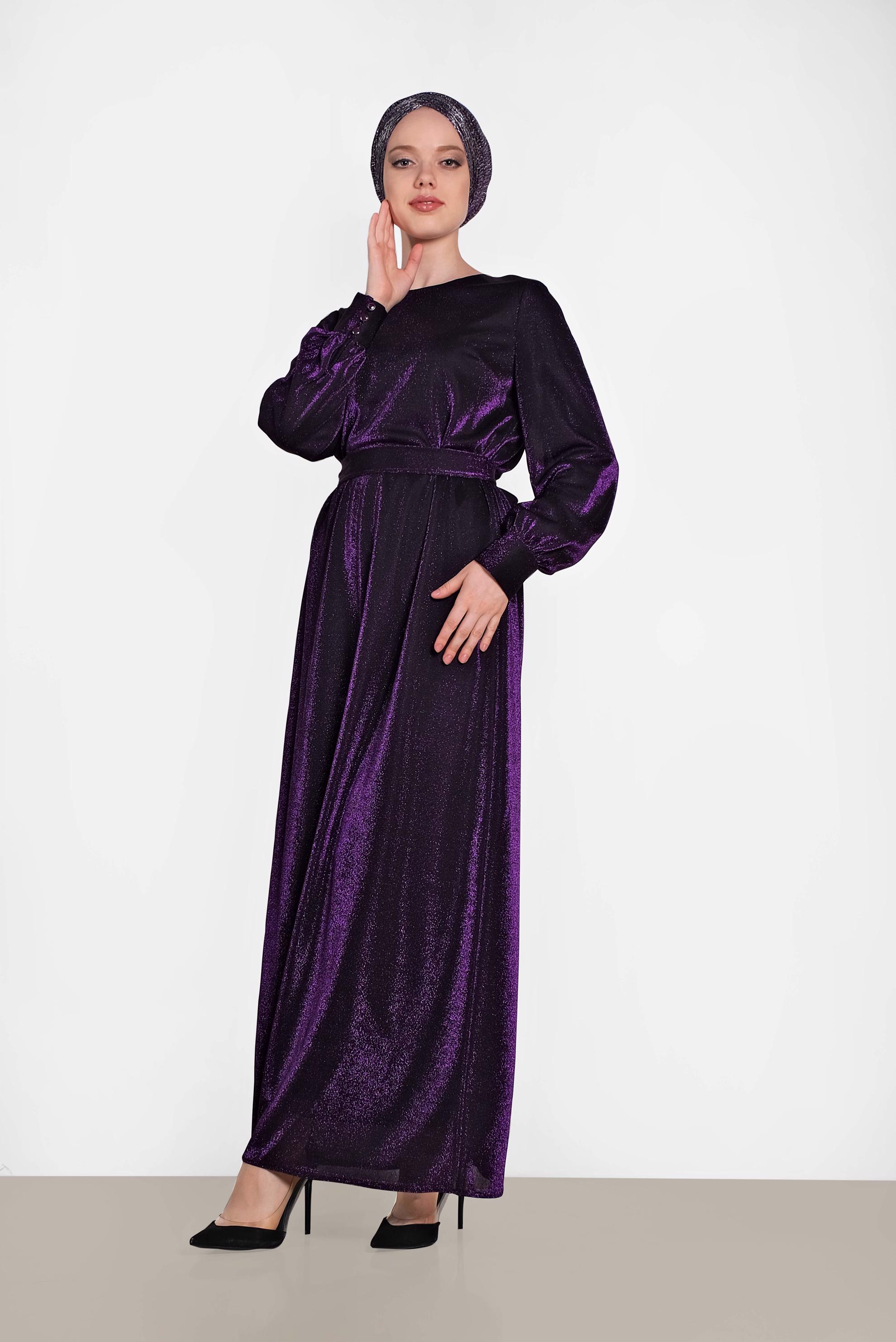 Tesettür giyim SİYAH KUŞAKLI SİMLİ ELBİSE 4466