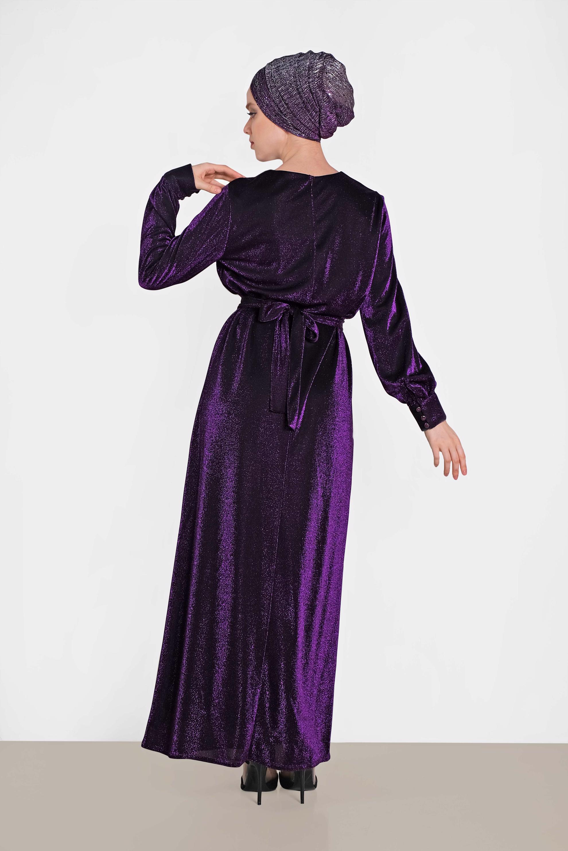 Tesettür giyim SİYAH KUŞAKLI SİMLİ ELBİSE 4466