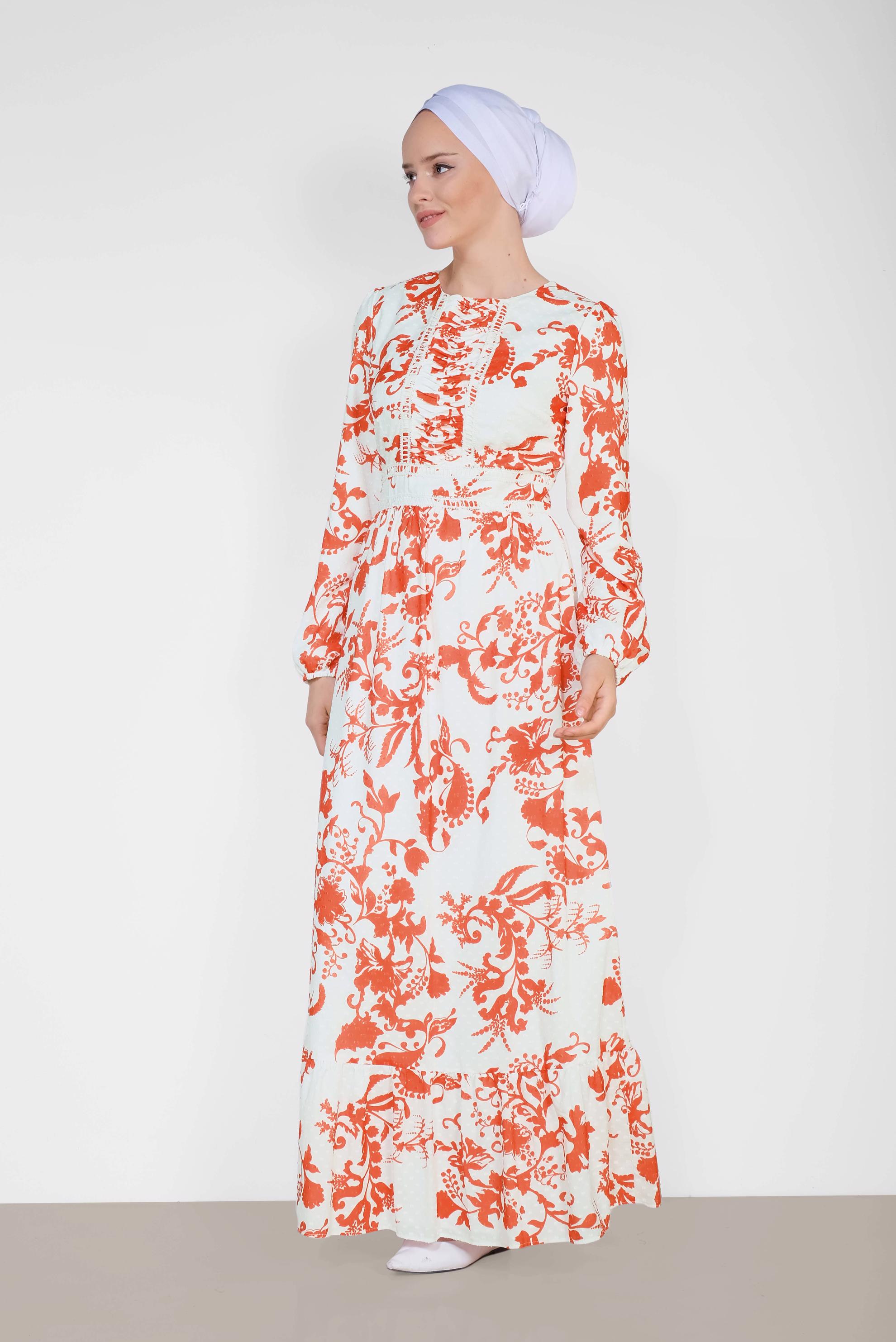 Tesettür giyim KIRMIZI YUVARLAK YAKA DESENLİ ELBİSE 4931