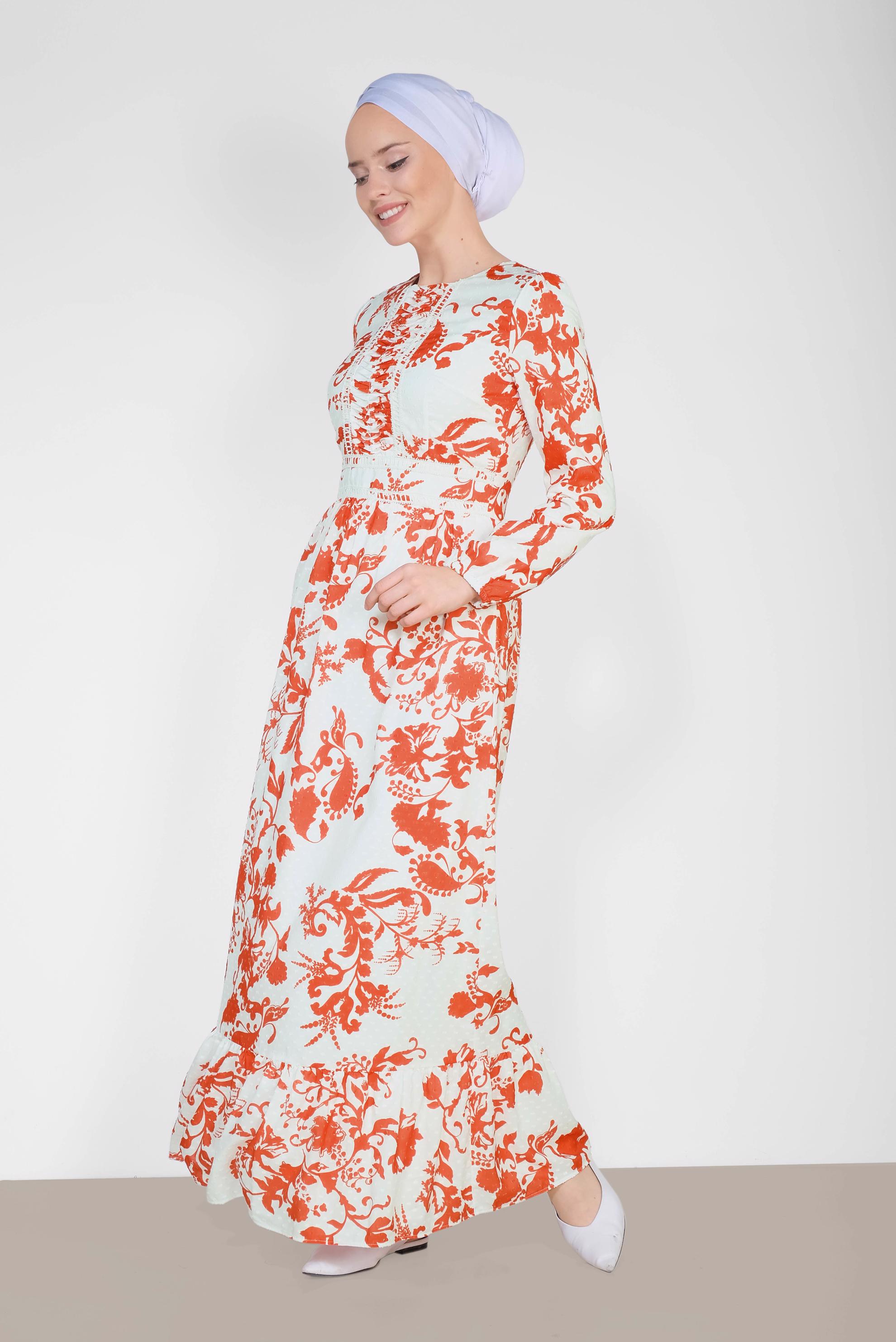 Tesettür giyim KIRMIZI YUVARLAK YAKA DESENLİ ELBİSE 4931