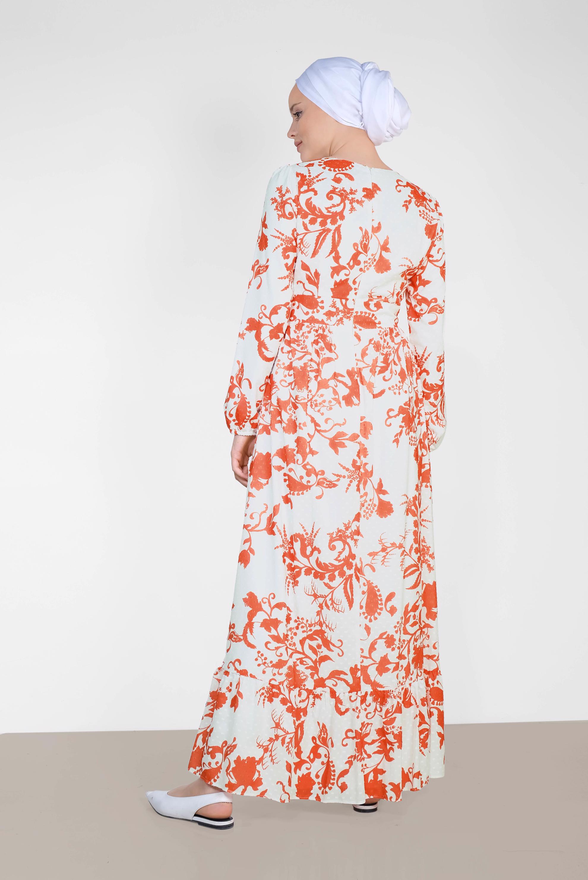 Tesettür giyim KIRMIZI YUVARLAK YAKA DESENLİ ELBİSE 4931