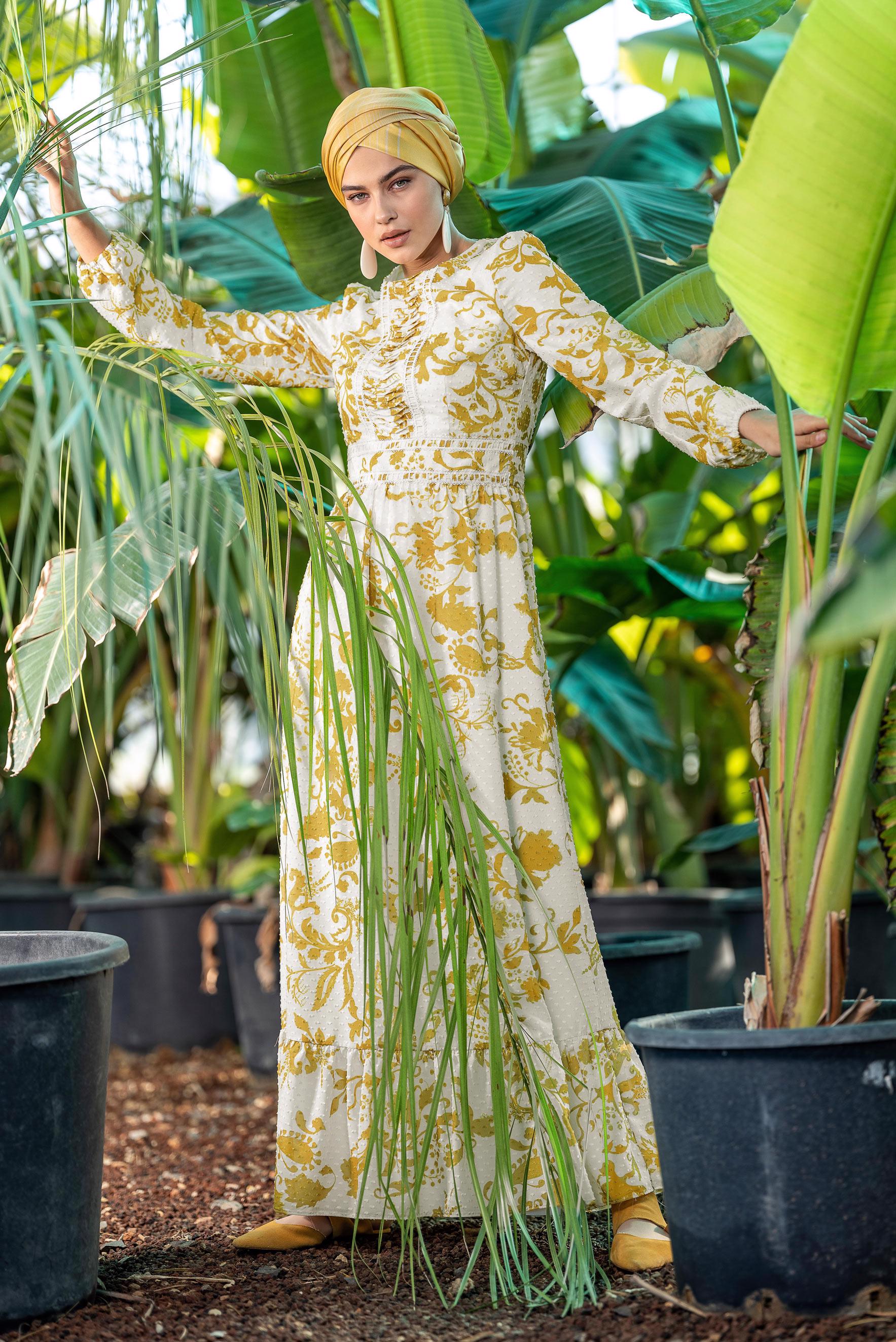 Tesettür giyim SARI YUVARLAK YAKA DESENLİ ELBİSE 4931