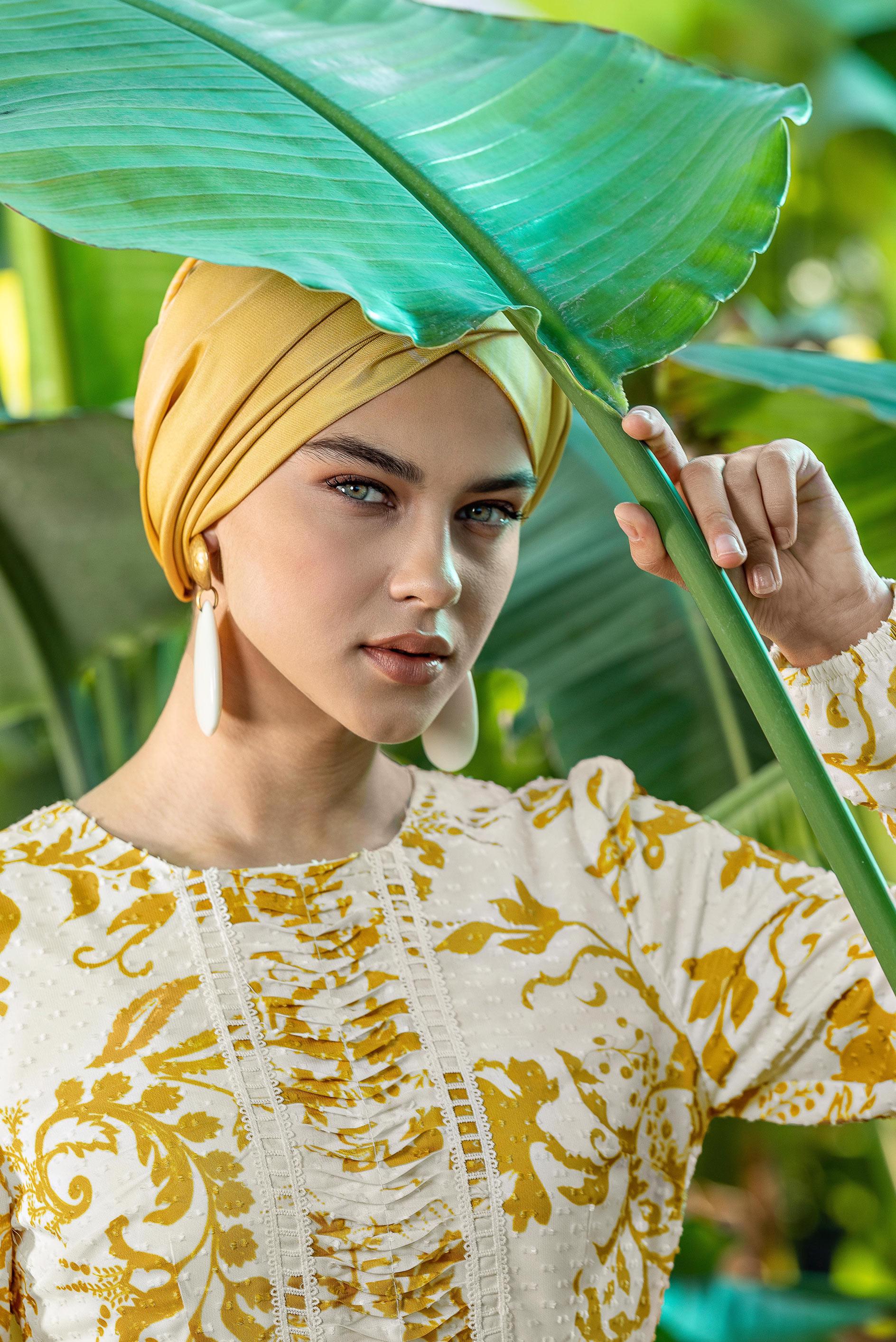 Tesettür giyim SARI YUVARLAK YAKA DESENLİ ELBİSE 4931