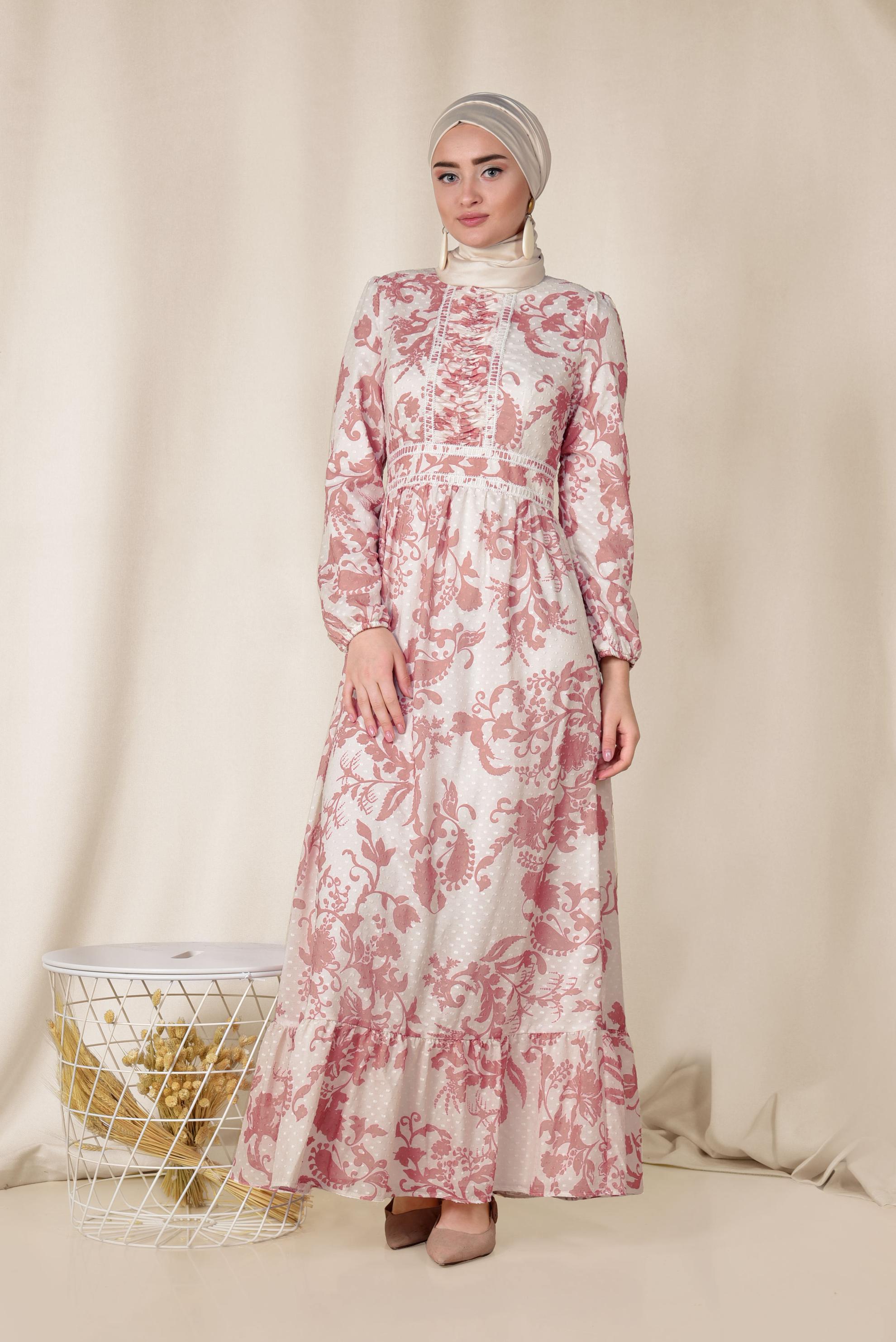 Tesettür giyim PUDRA YUVARLAK YAKA DESENLİ ELBİSE 4931