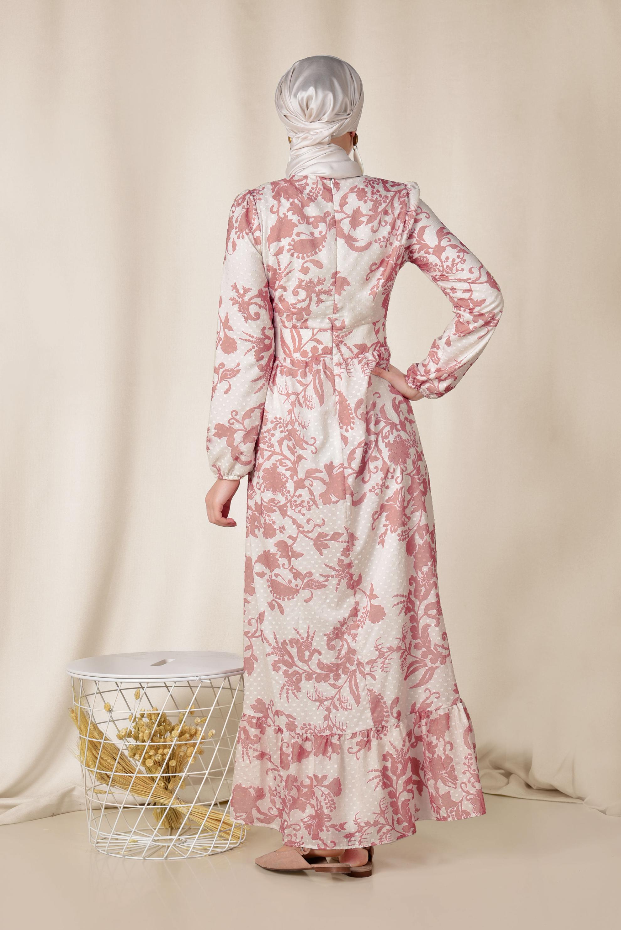 Tesettür giyim PUDRA YUVARLAK YAKA DESENLİ ELBİSE 4931