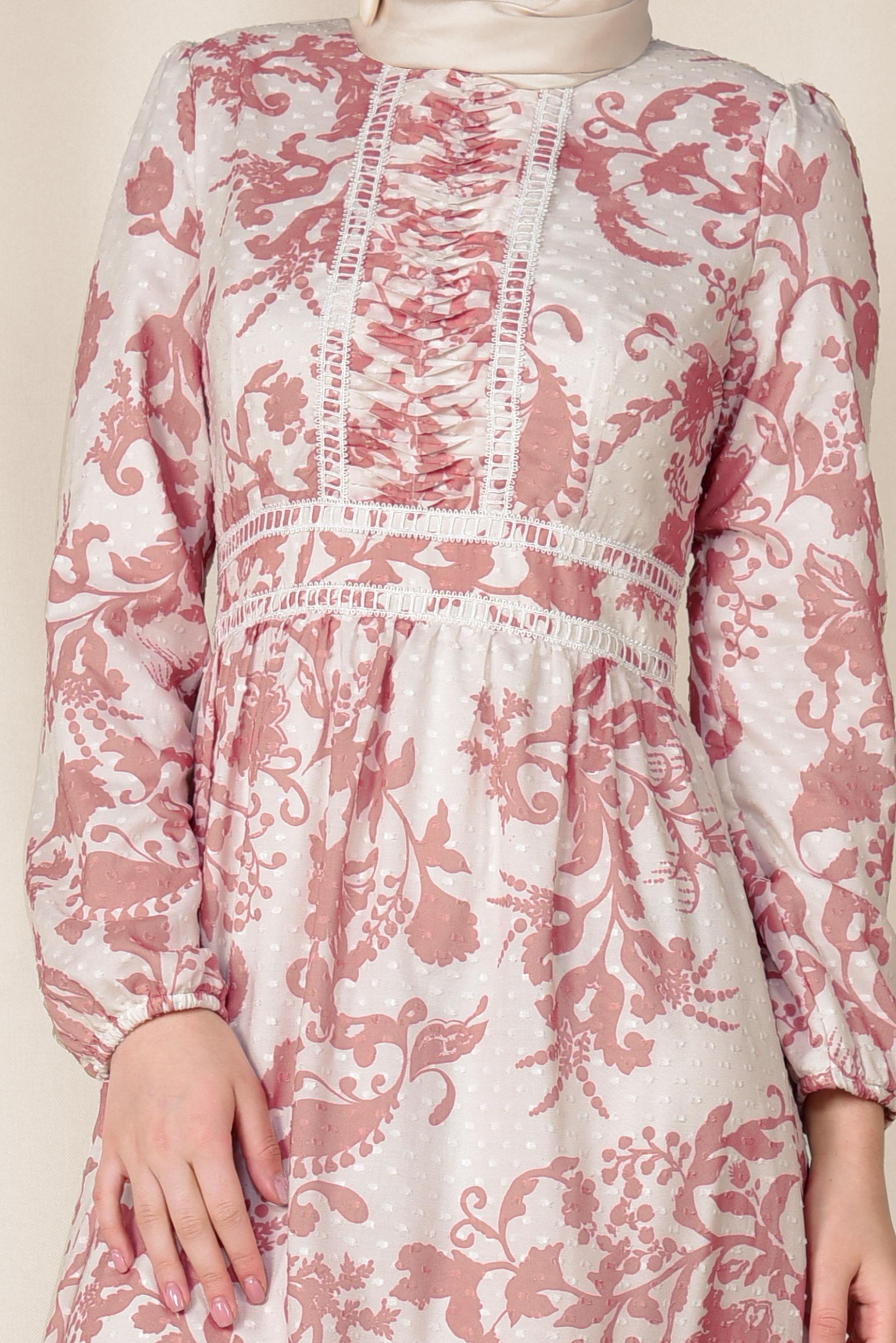 Tesettür giyim PUDRA YUVARLAK YAKA DESENLİ ELBİSE 4931