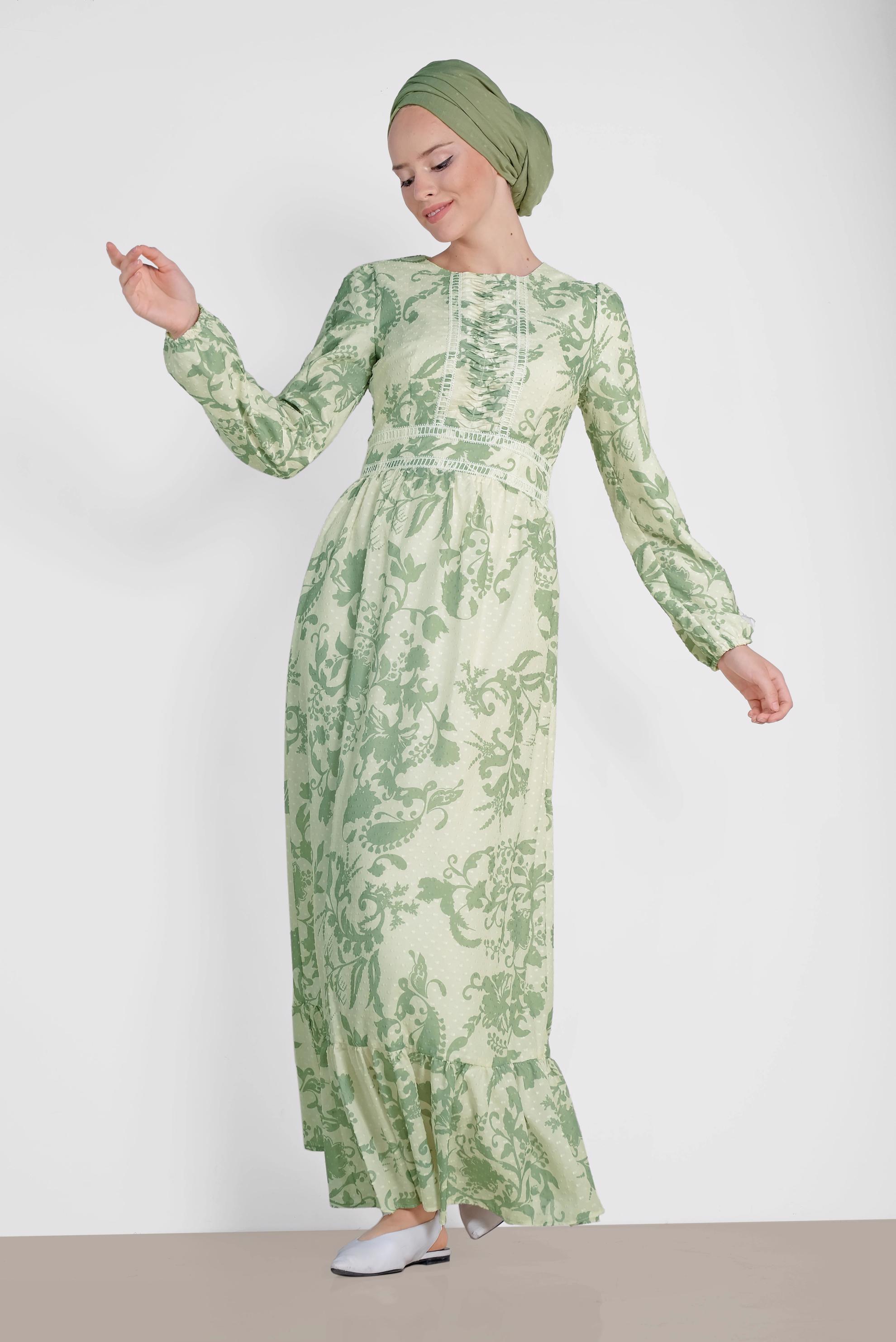 Tesettür giyim YEŞİL YUVARLAK YAKA DESENLİ ELBİSE 4931